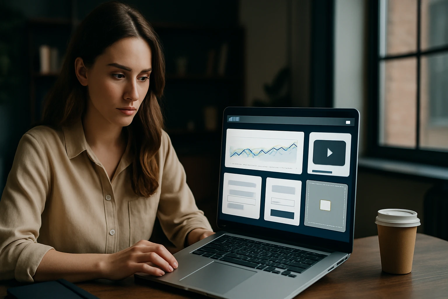 Egy nő figyelmesen dolgozik egy laptopon, grafikonok és videólejátszó látható a képernyőn.