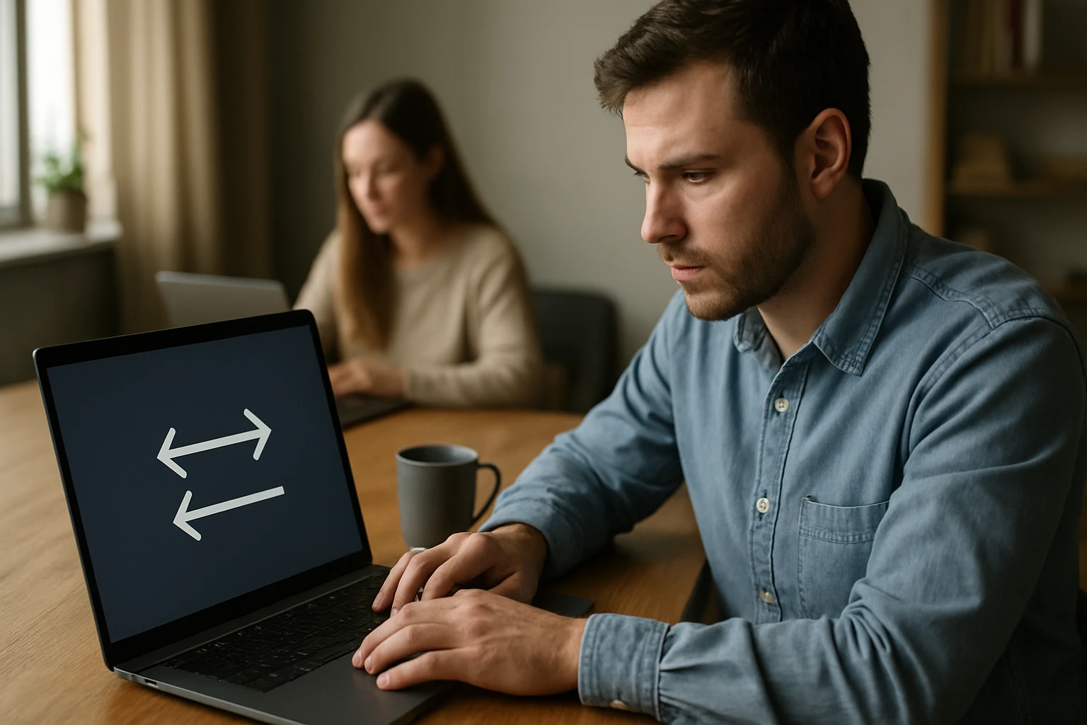 Egy férfi laptopján két irányba mutató nyilak láthatók, miközben dolgozik.