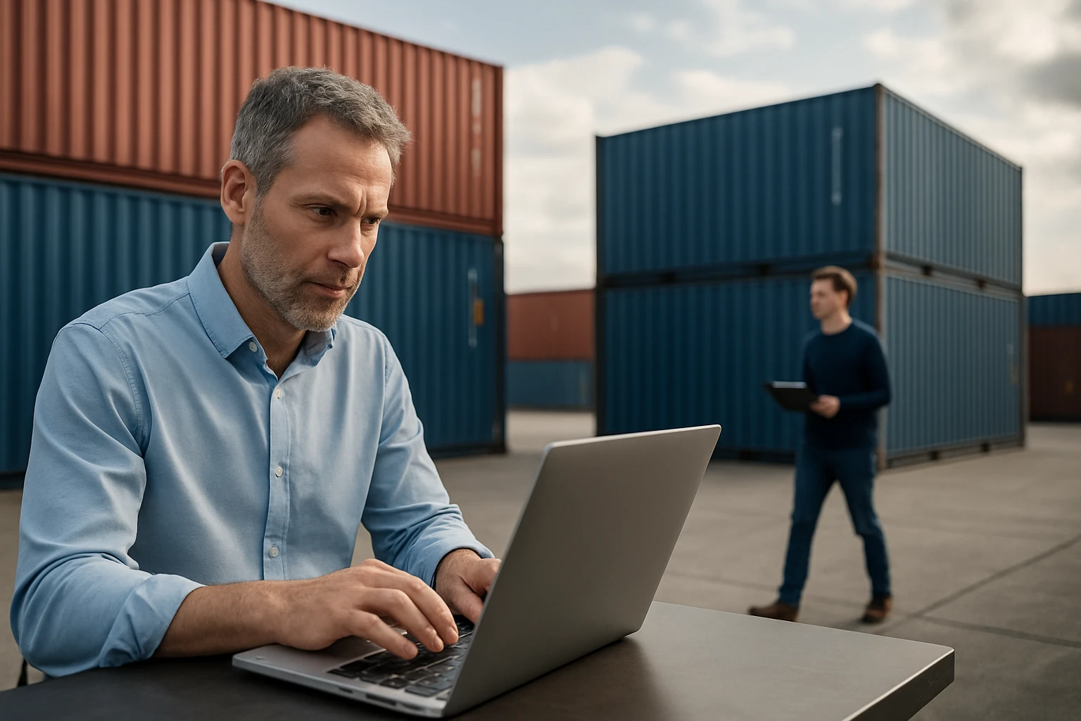 Egy férfi laptopon dolgozik egy ipari környezetben, háttérben konténerekkel.