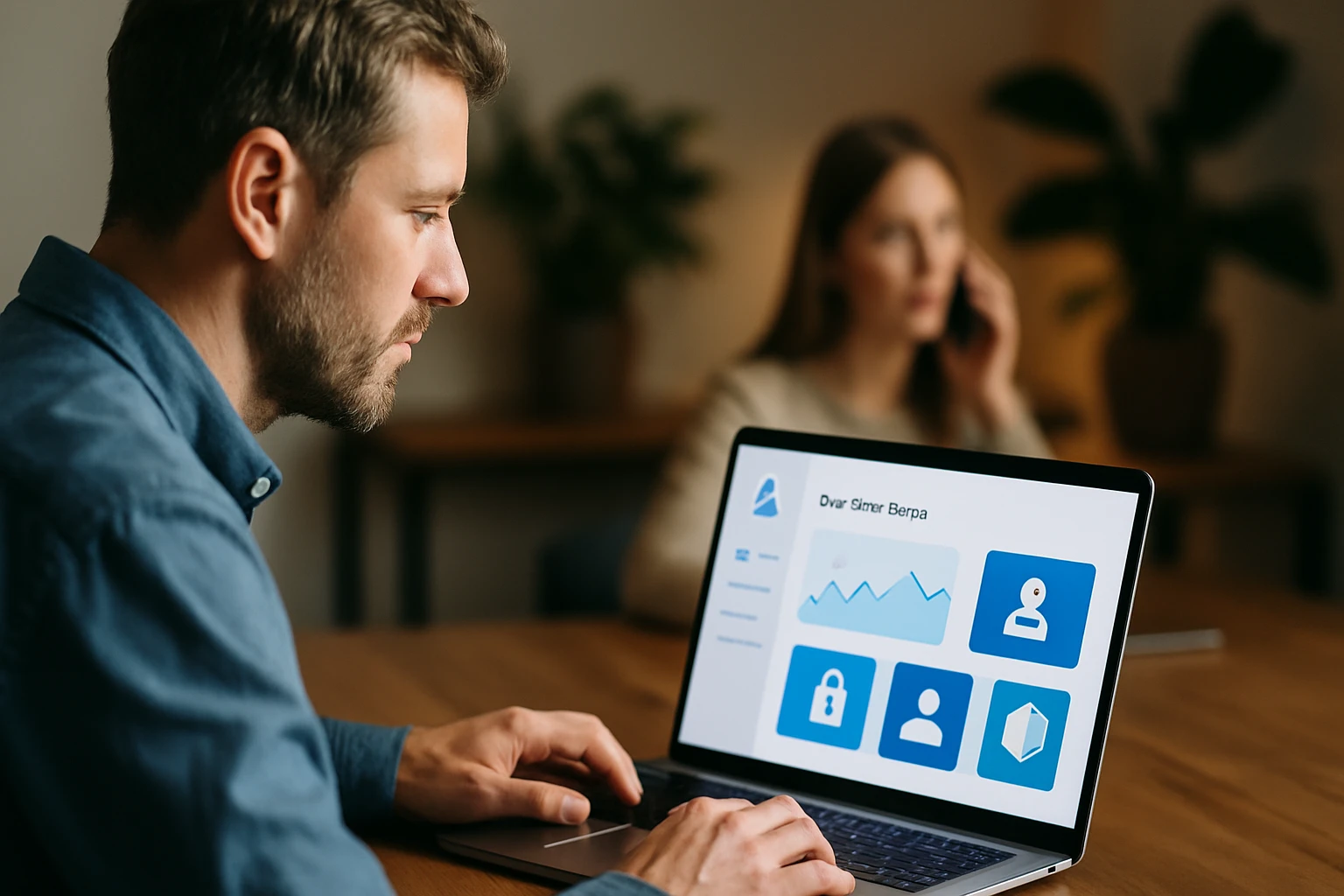 Egy férfi laptopon dolgozik, miközben egy nő telefonál a háttérben.