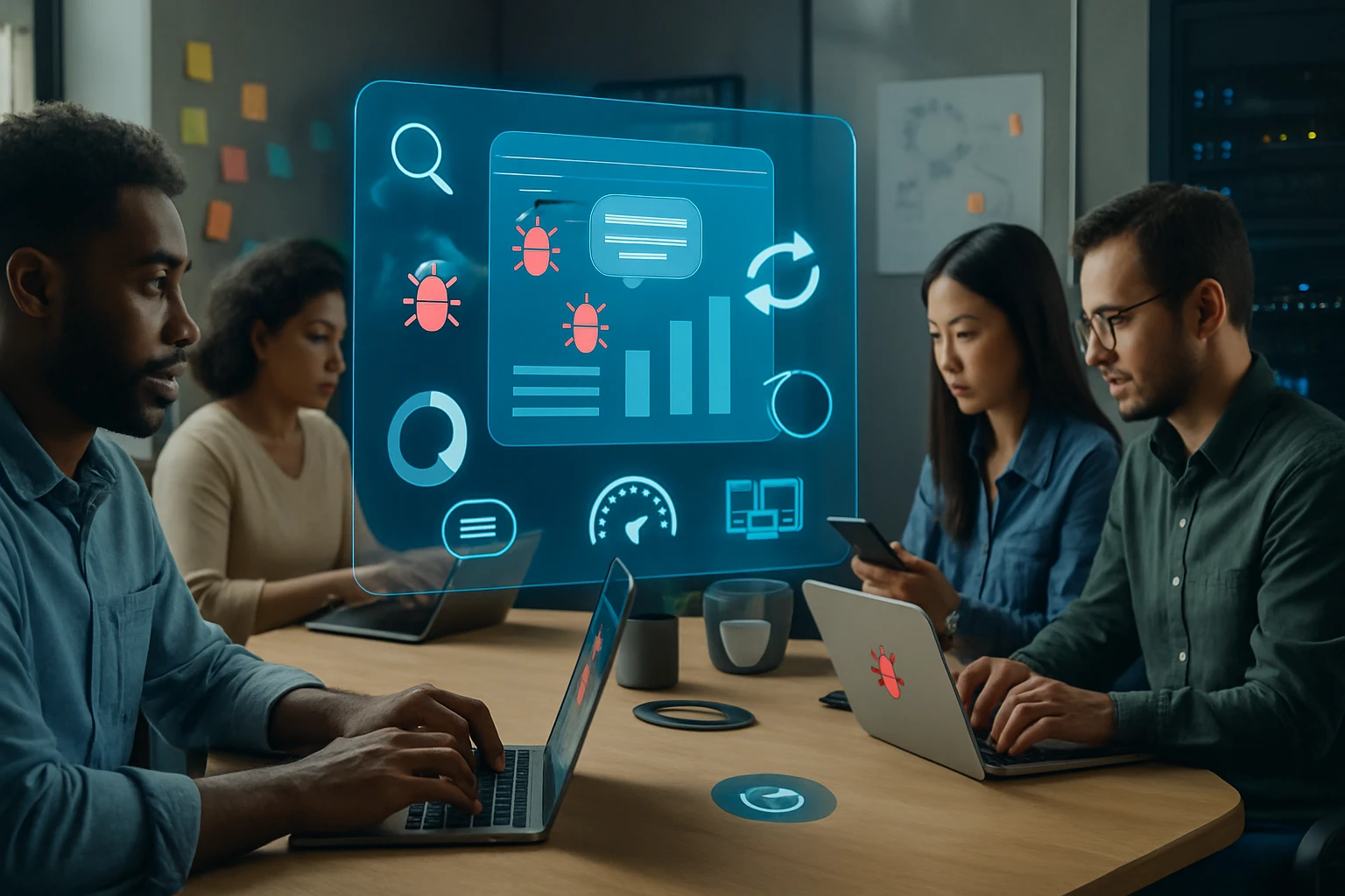 Négy felnőtt dolgozik egy modern irodában, digitális grafikonokkal és hibajelzőkkel.