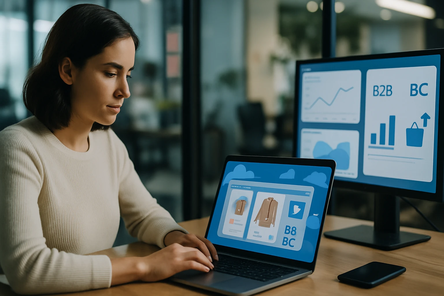 Egy nő laptopon dolgozik, miközben egy monitoron adatelemzést végez.