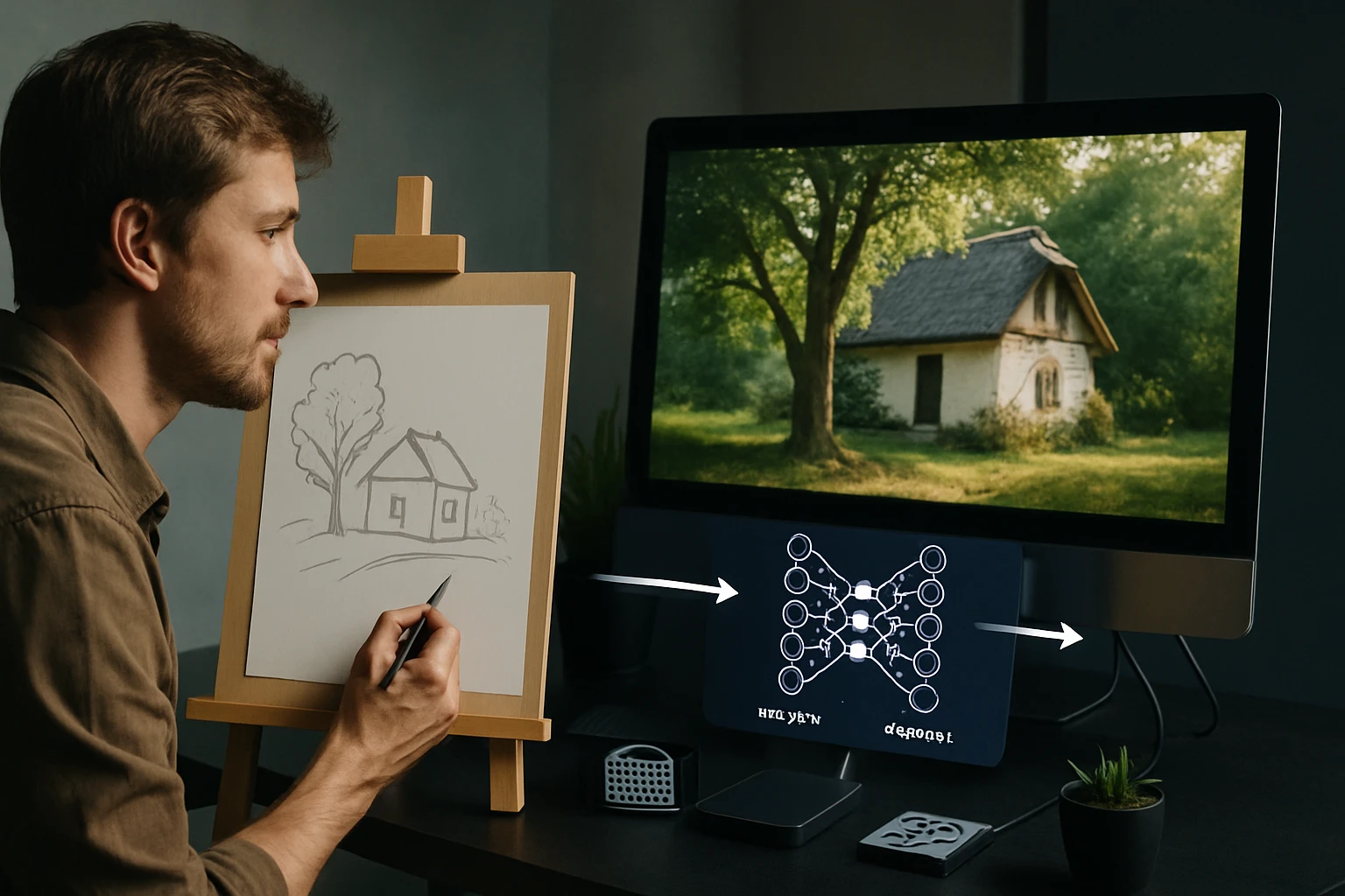 Egy férfi rajzol egy házat, miközben egy számítógép képernyőjén egy valós épület látható.