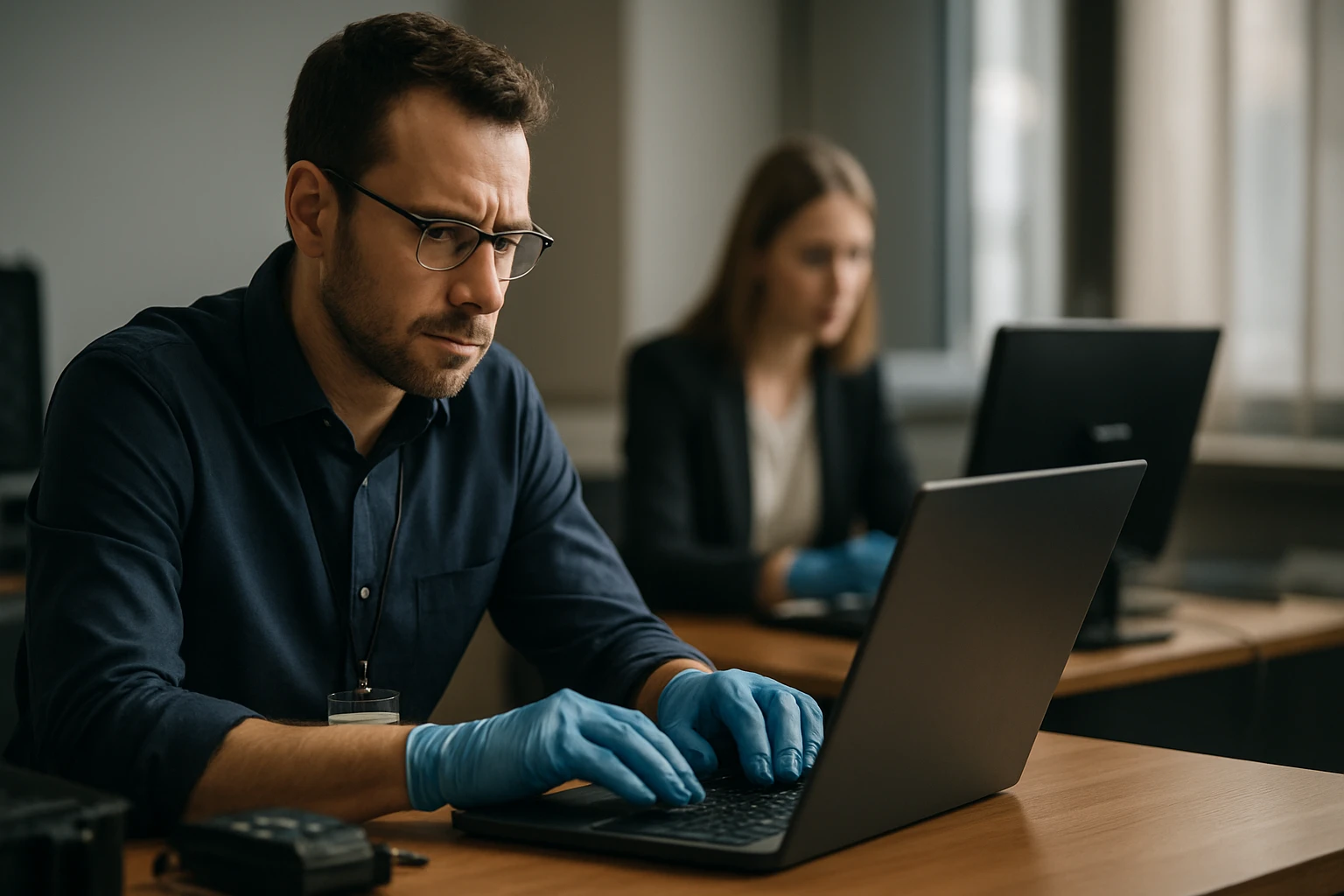 Egy férfi és egy nő dolgozik számítógépen, kék kesztyűben, laboratóriumi környezetben.