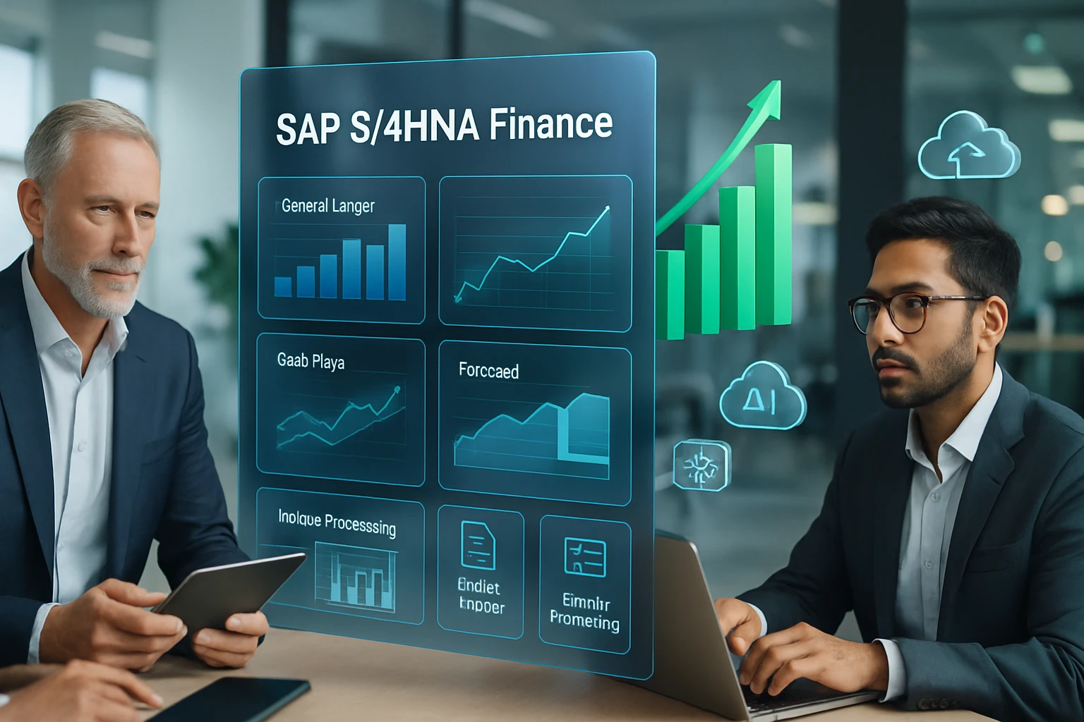 Két üzletember egy modern irodában, digitális pénzügyi elemzéseket néznek.