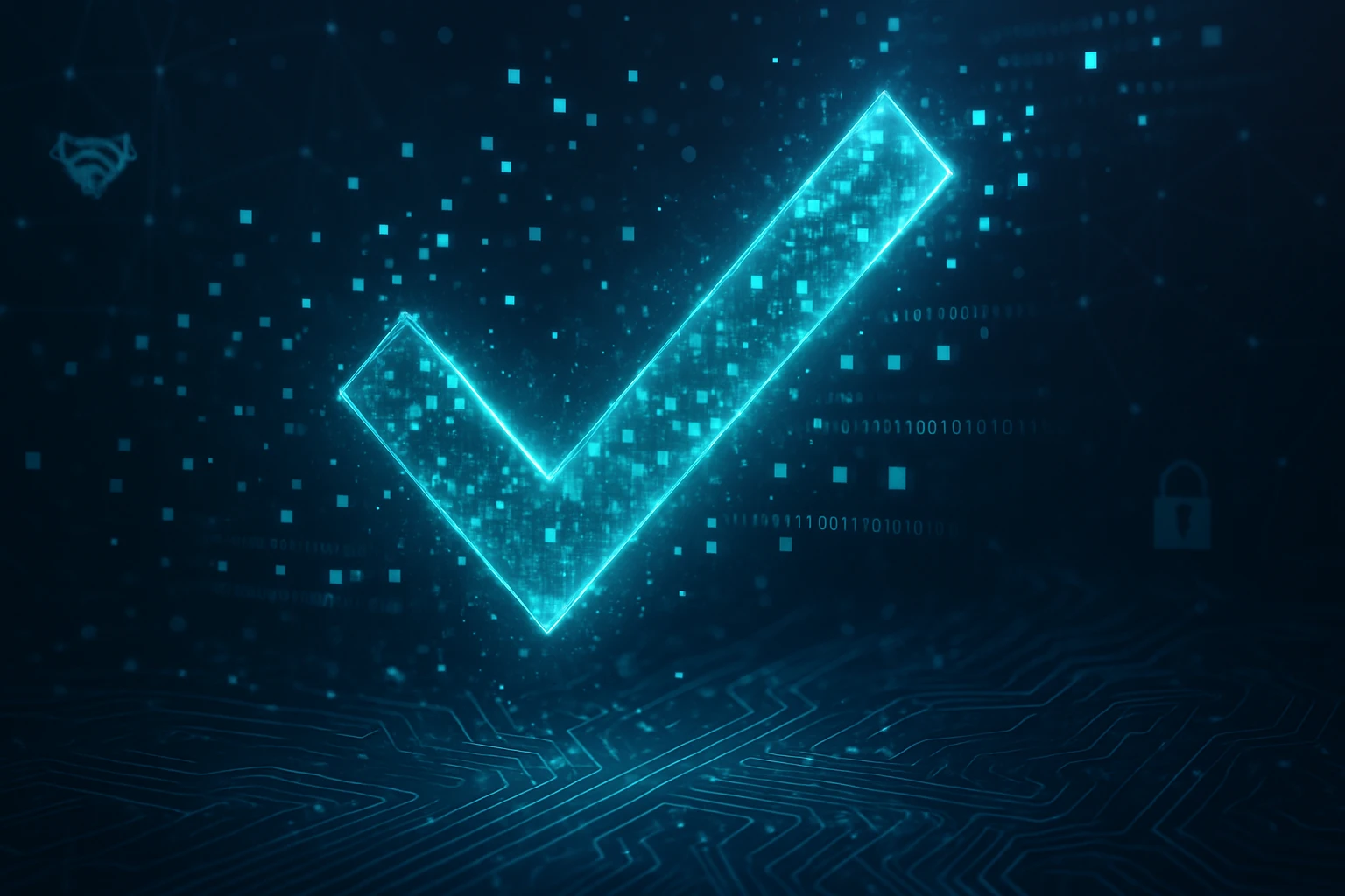 Digitális zöld pipa, háttérben bináris kód és technológiai elemek.