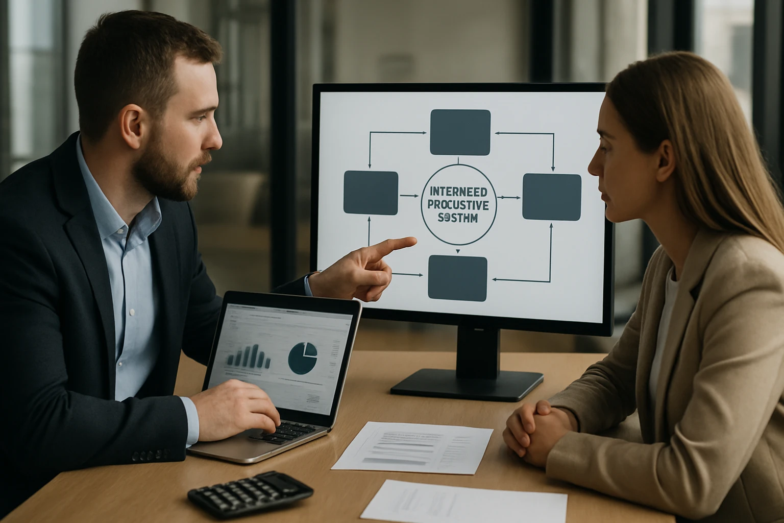 Két üzletember egy laptop és monitor előtt, digitális diagramot elemznek.