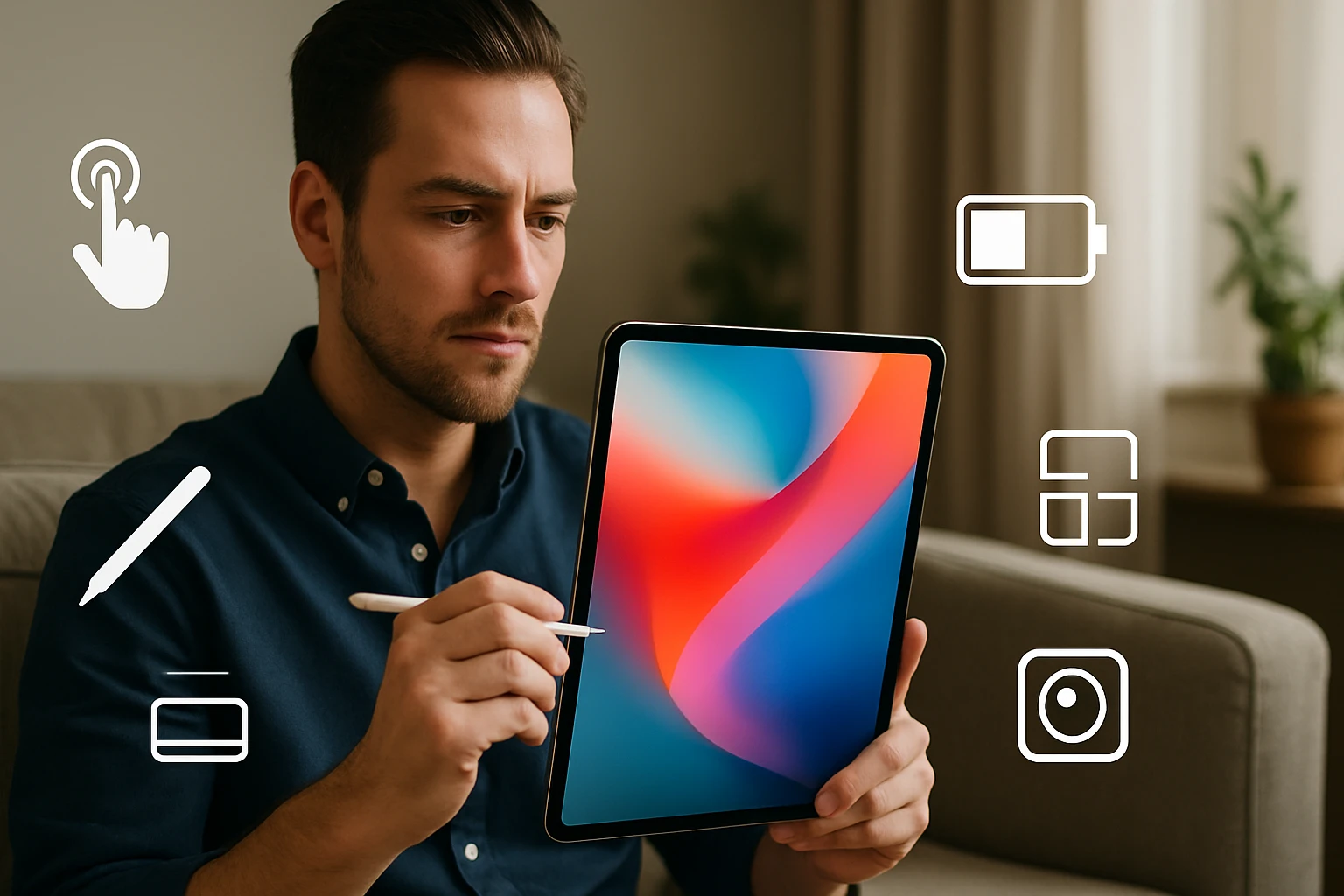 Egy férfi digitális táblagépen rajzol, mellette ikonok láthatók.