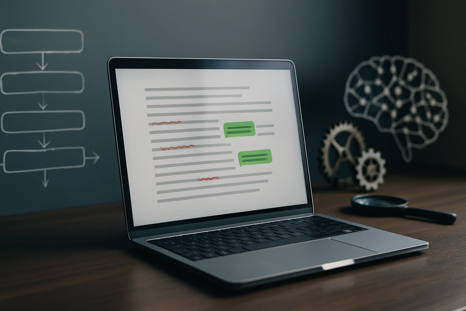 Egy laptop képernyője, amely szövegszerkesztőben végzett módosításokat mutat.