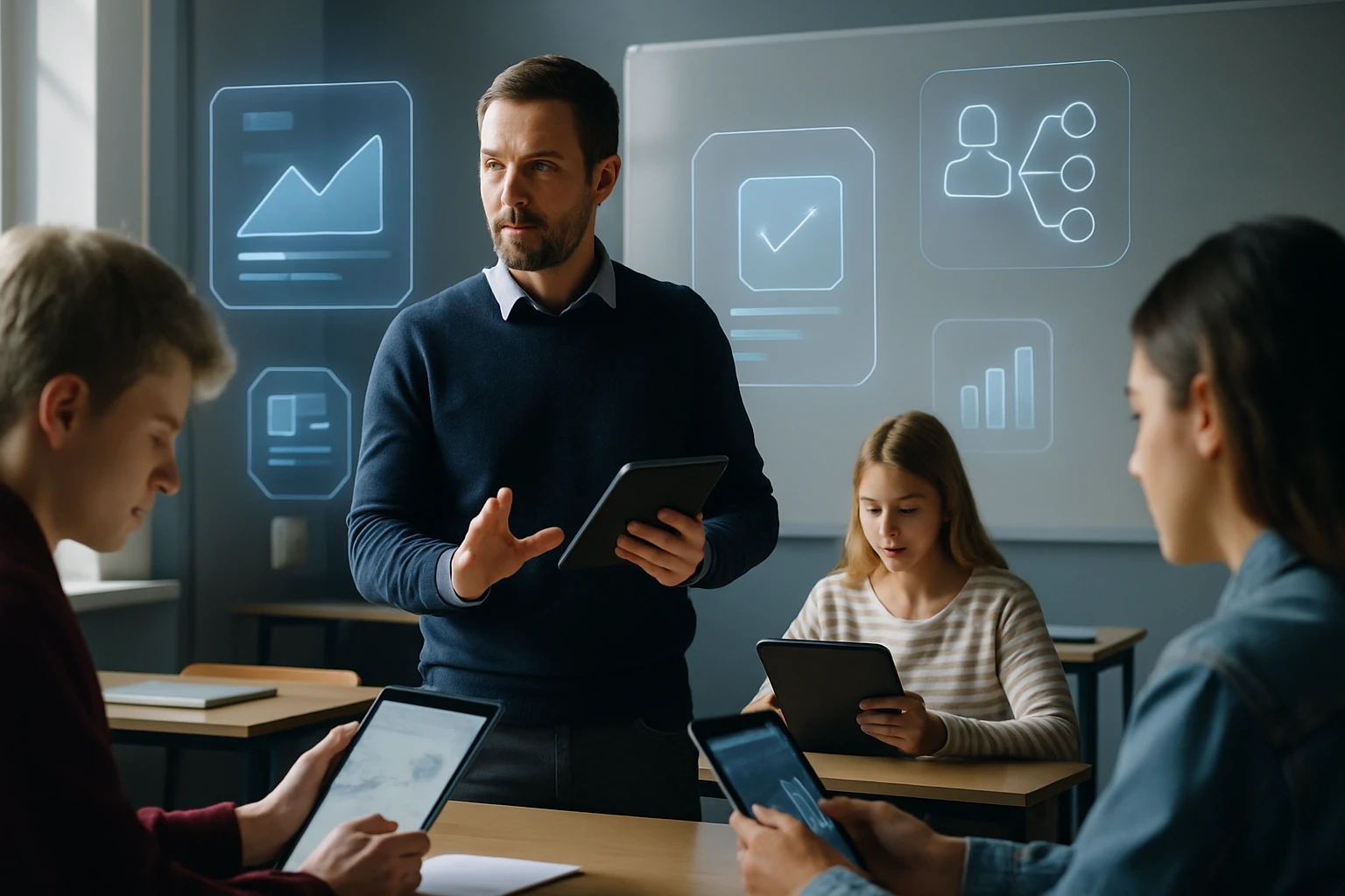 Egy tanár digitális eszközökkel tanít egy osztályteremben, diákok figyelnek.