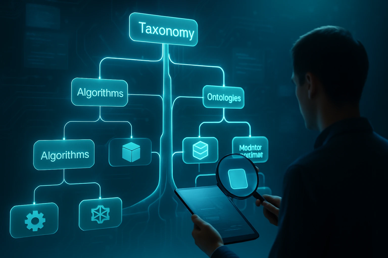 Egy férfi digitális táblagépet tart, miközben a taxonómia és ontológiák grafikus ábrázolását nézi.