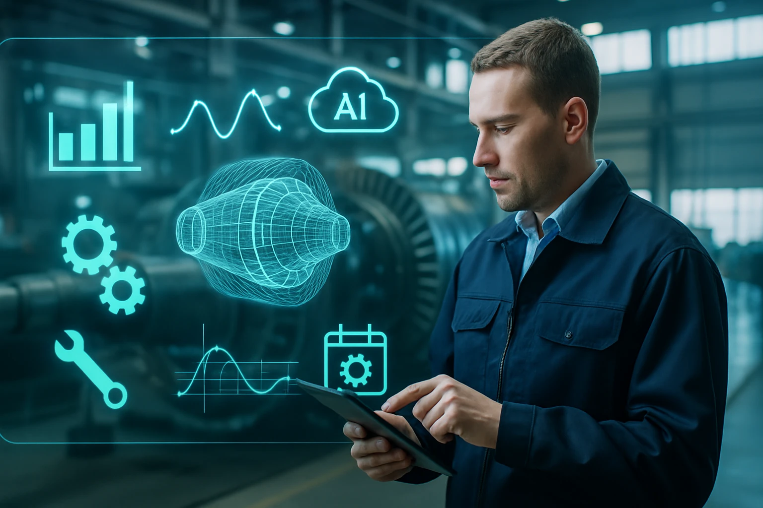 Egy mérnök digitális táblagépen dolgozik, holografikus adatokkal körülvéve.