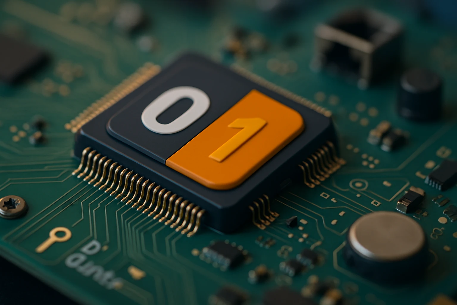 Egy zöld nyomtatott áramkör, középen egy 0 és 1 számjegyet ábrázoló chip.