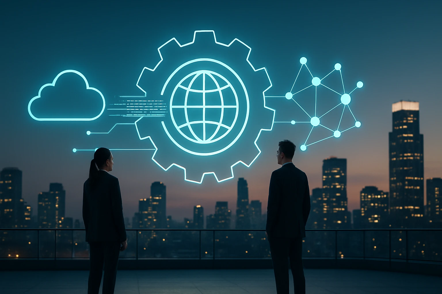 Két üzletember néz egy digitális hálózati ábrázolásra a város felett.
