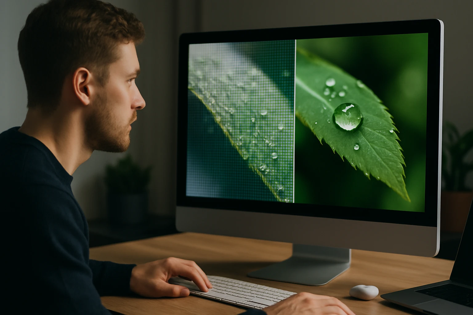 Egy férfi a számítógép előtt ül, miközben levelek részleteit nézi.