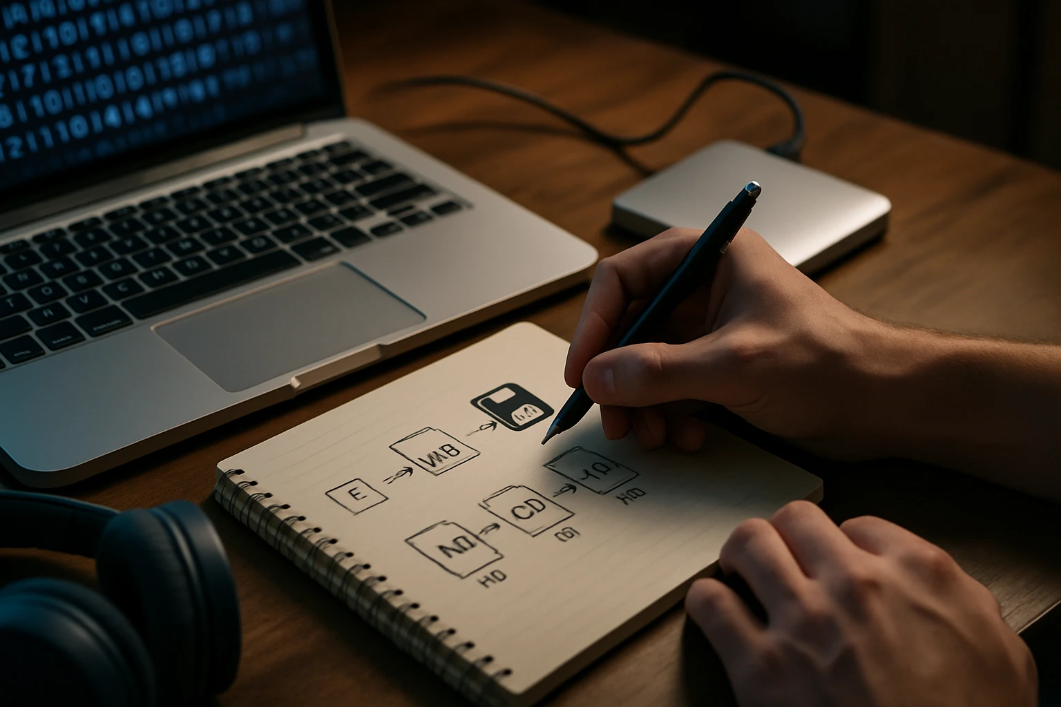 Egy kéz jegyzetel egy füzetbe, miközben egy laptop képernyője látható háttérben.