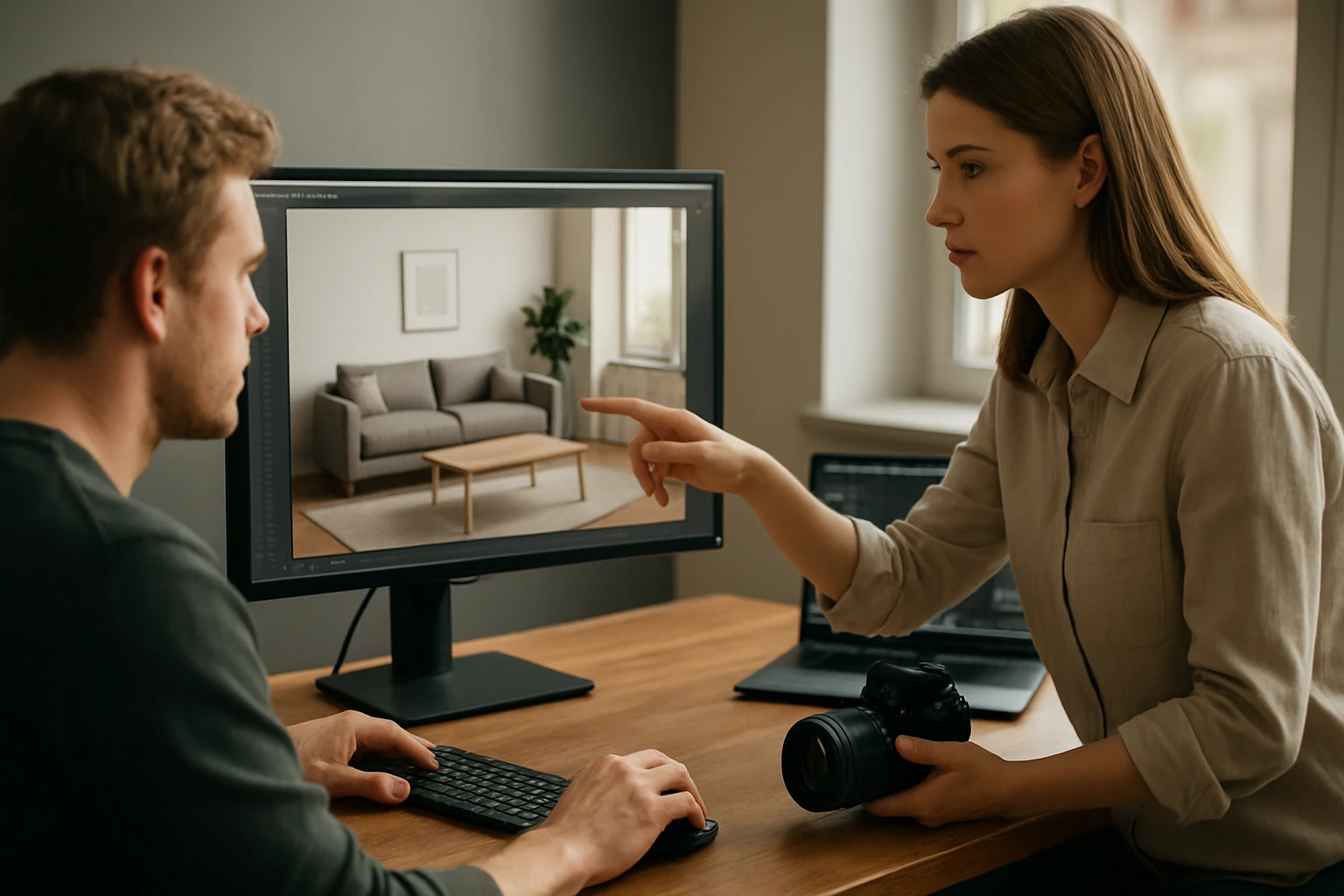 Két ember egy számítógép előtt, digitális tervezésen dolgoznak.