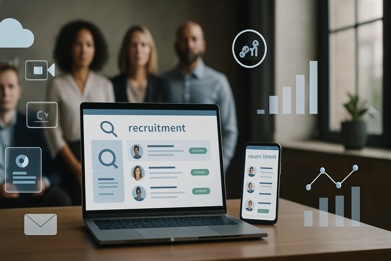 Egy laptop és egy okostelefon képernyőjén toborzási információk láthatók.