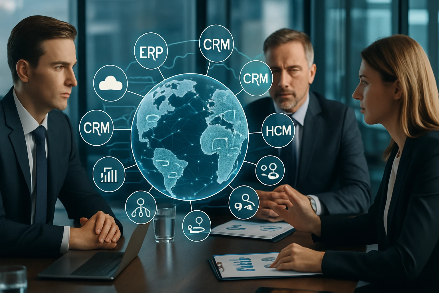 Három üzletember ül egy asztalnál, előttük digitális globusz és szoftver ikonok láthatók.
