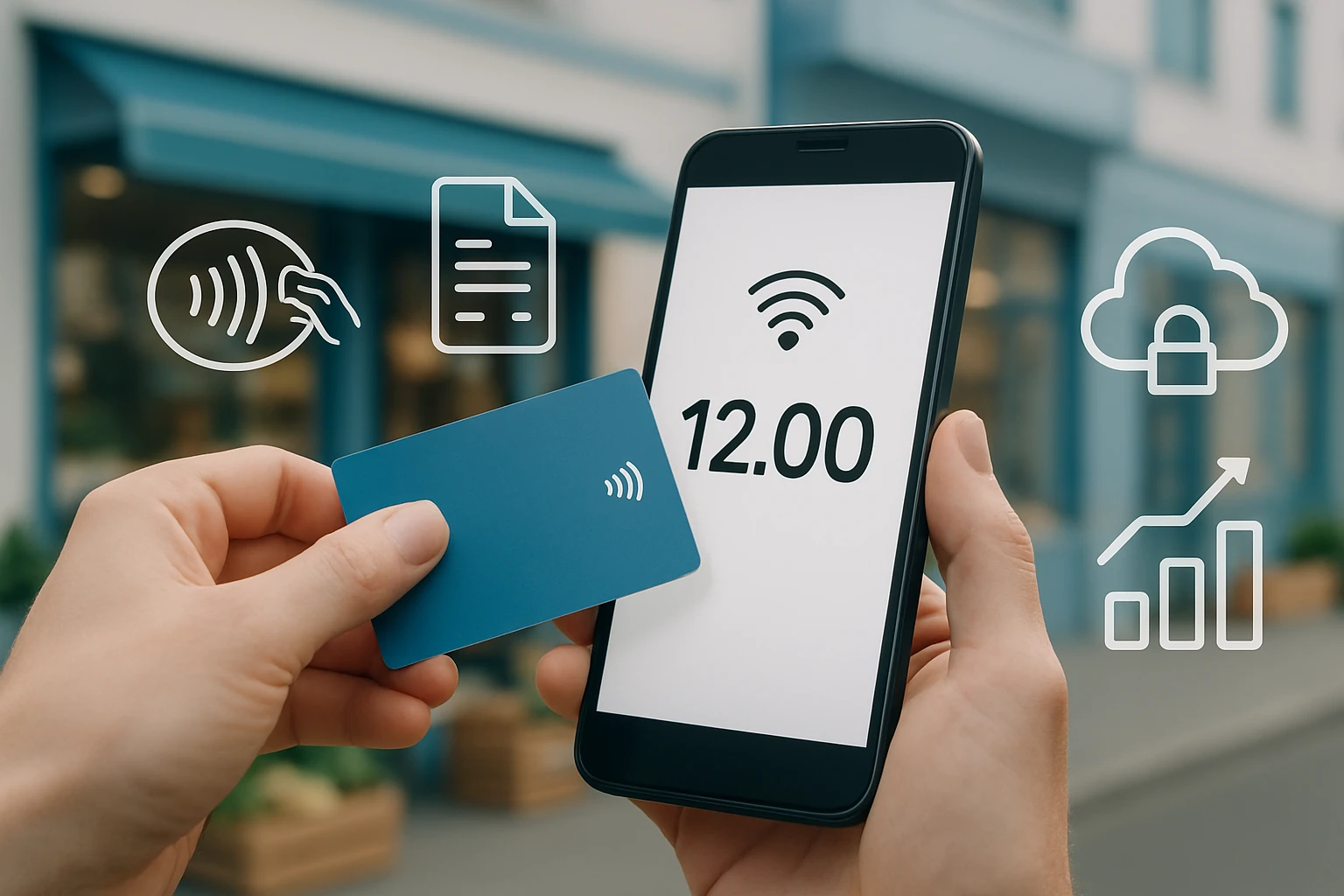 Kézben tartott kártya és okostelefon, amelyen a Wi-Fi jel és egy összeg látható.