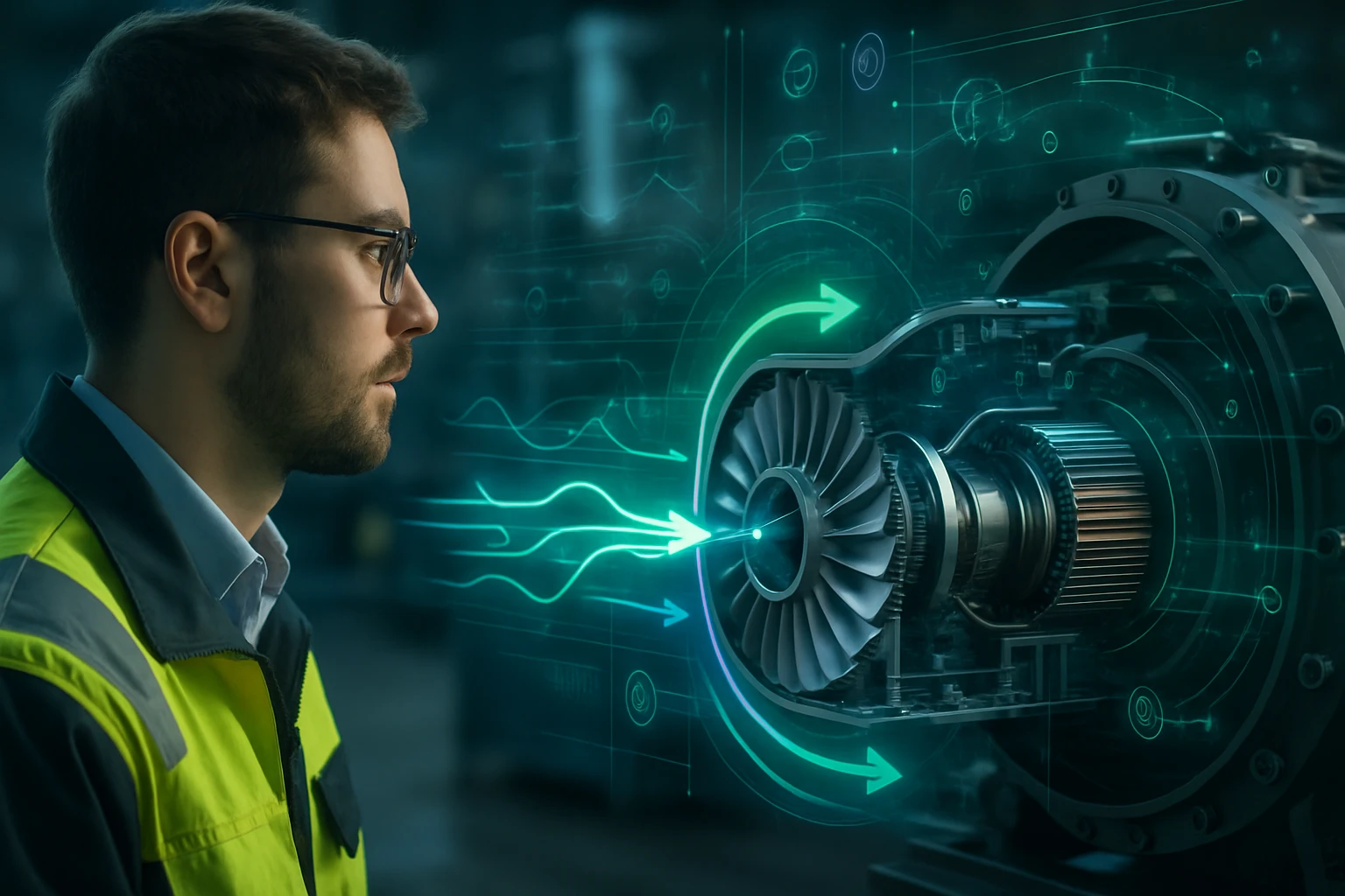 Egy mérnök figyeli a turbina működését, digitális ábrázolással.