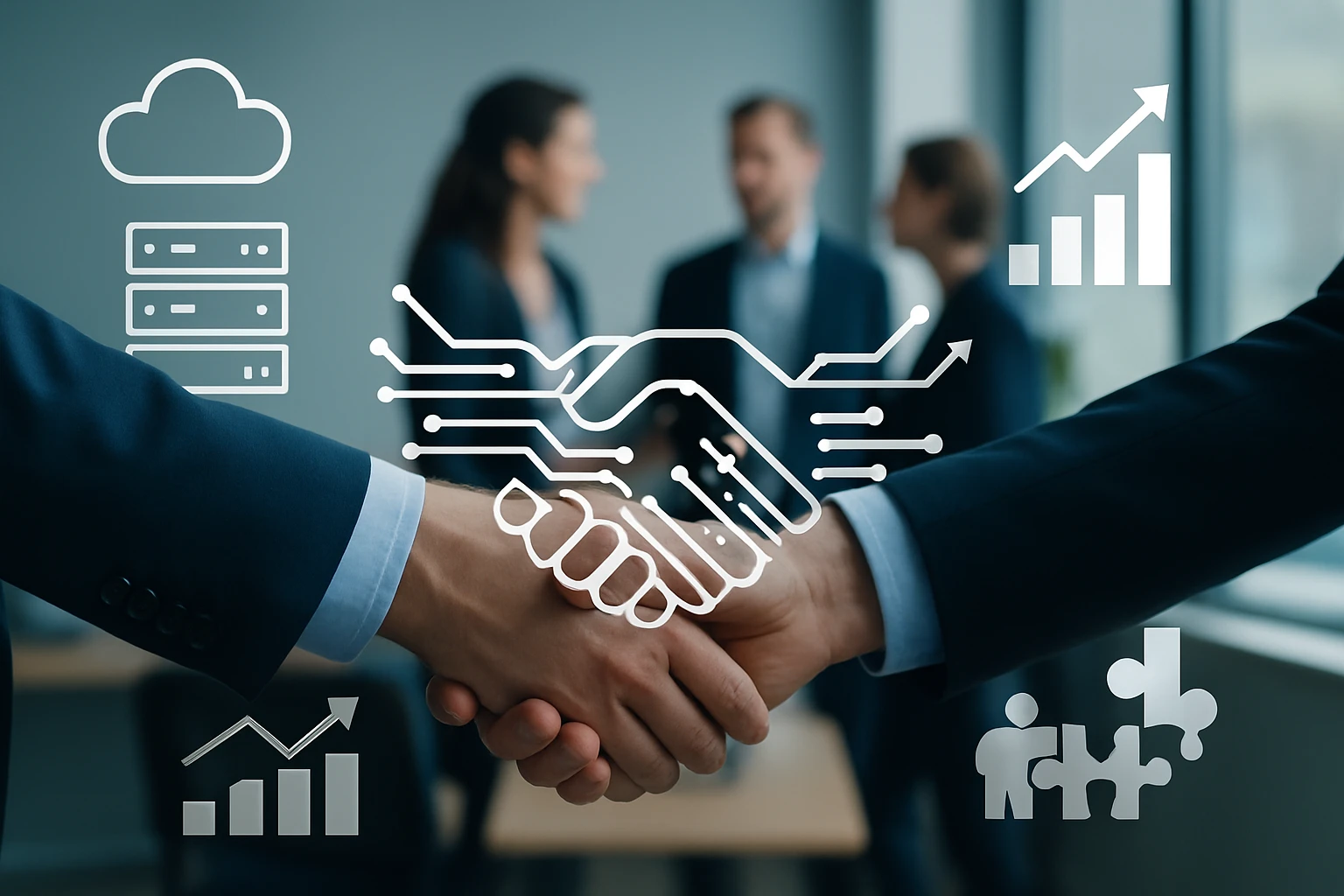 Két üzletember kezet fog, digitális ikonokkal a háttérben, mint felhő és grafikonok.