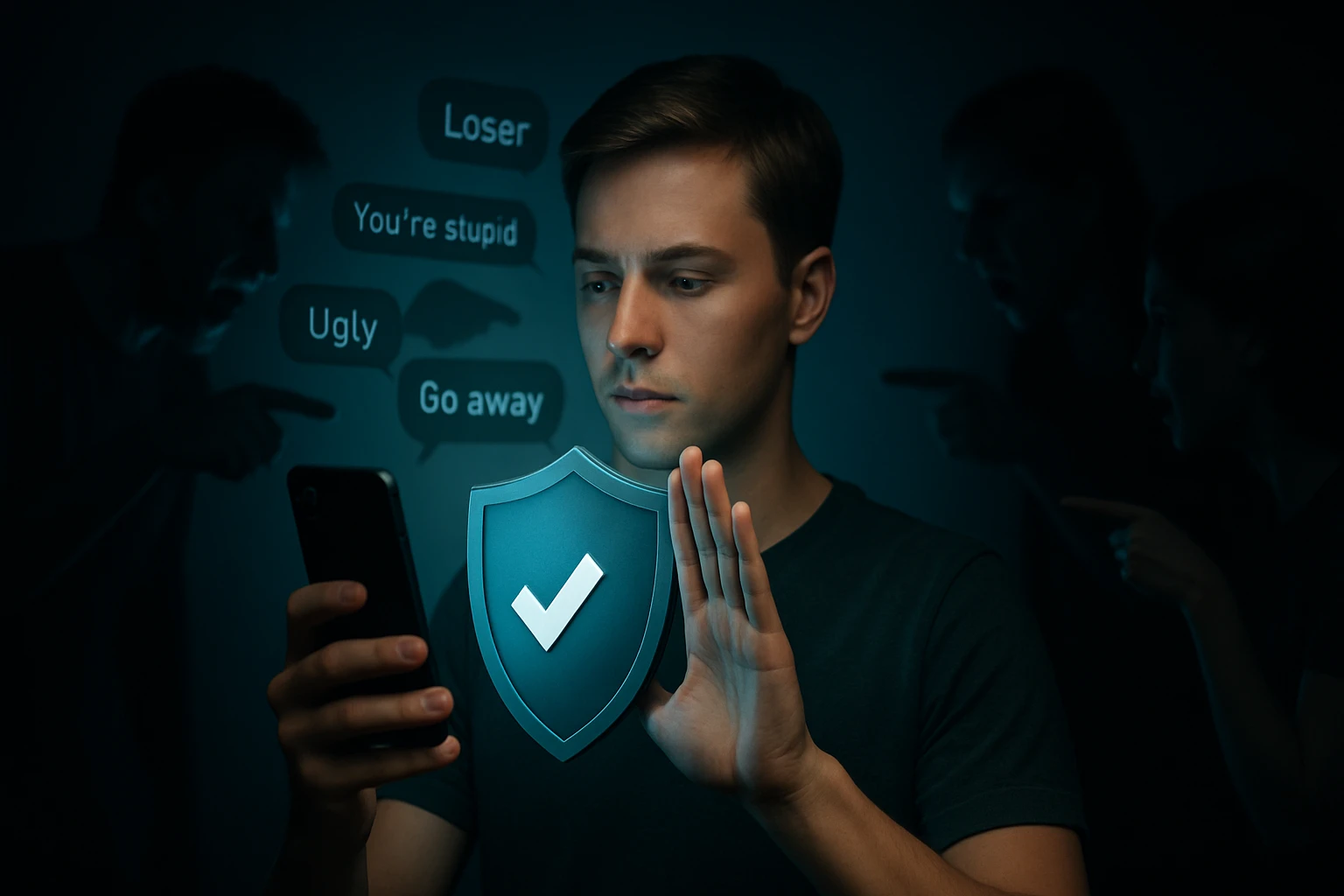 Egy fiatal férfi a telefonját nézi, miközben zaklató üzenetek lebegnek körülötte.