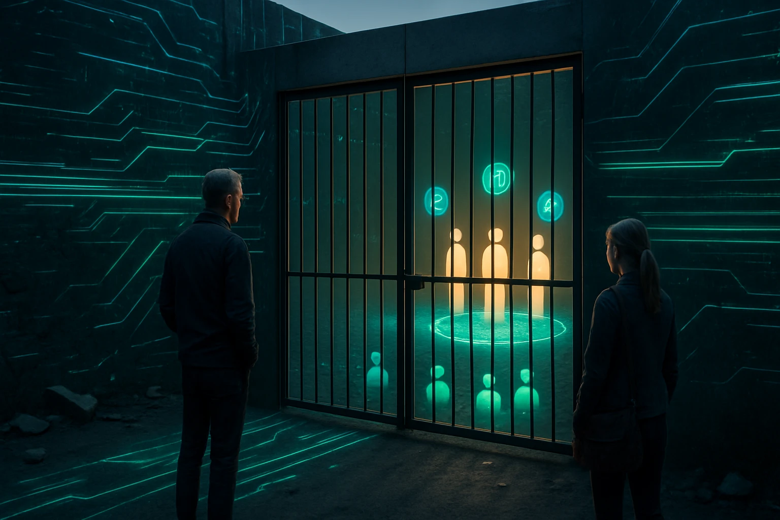 Két ember néz egy rácsos ajtón át, ahol digitális ikonok és alakok láthatók.
