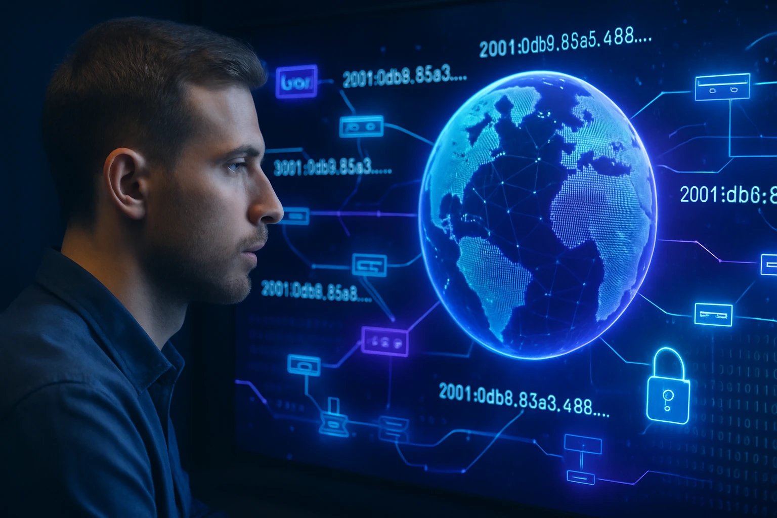 Egy férfi figyelmesen nézi a számítógép képernyőjét, amelyen globális hálózat látható.