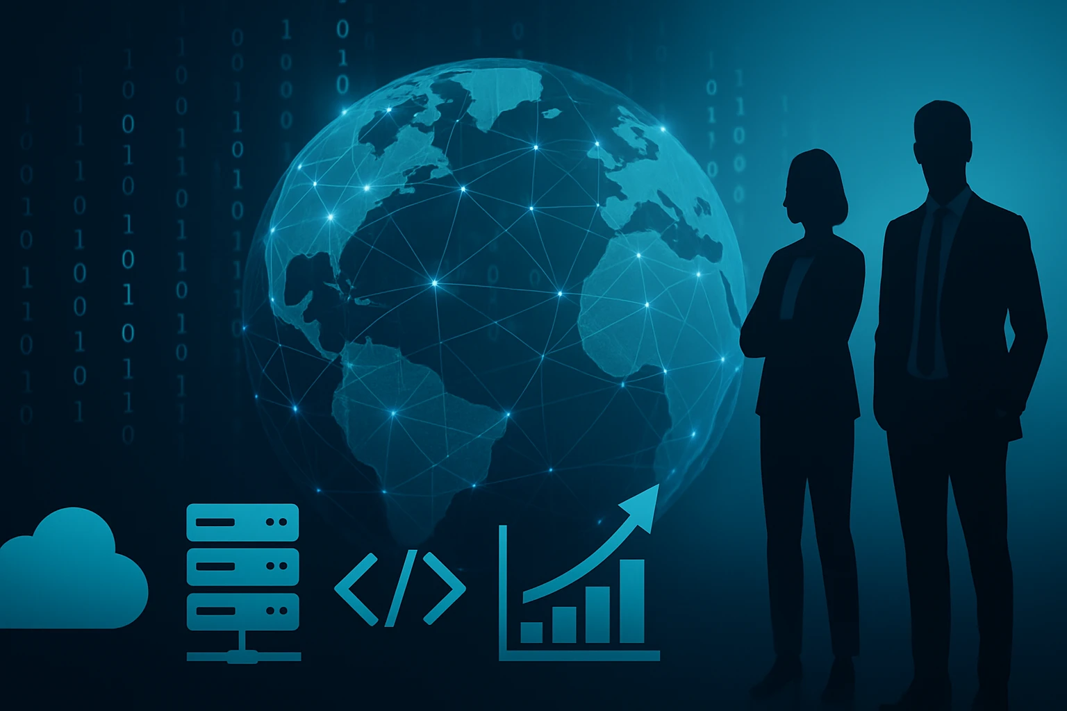 Két sziluett áll egy globális hálózat előtt, adatbázis és növekedési grafikon ikonokkal.
