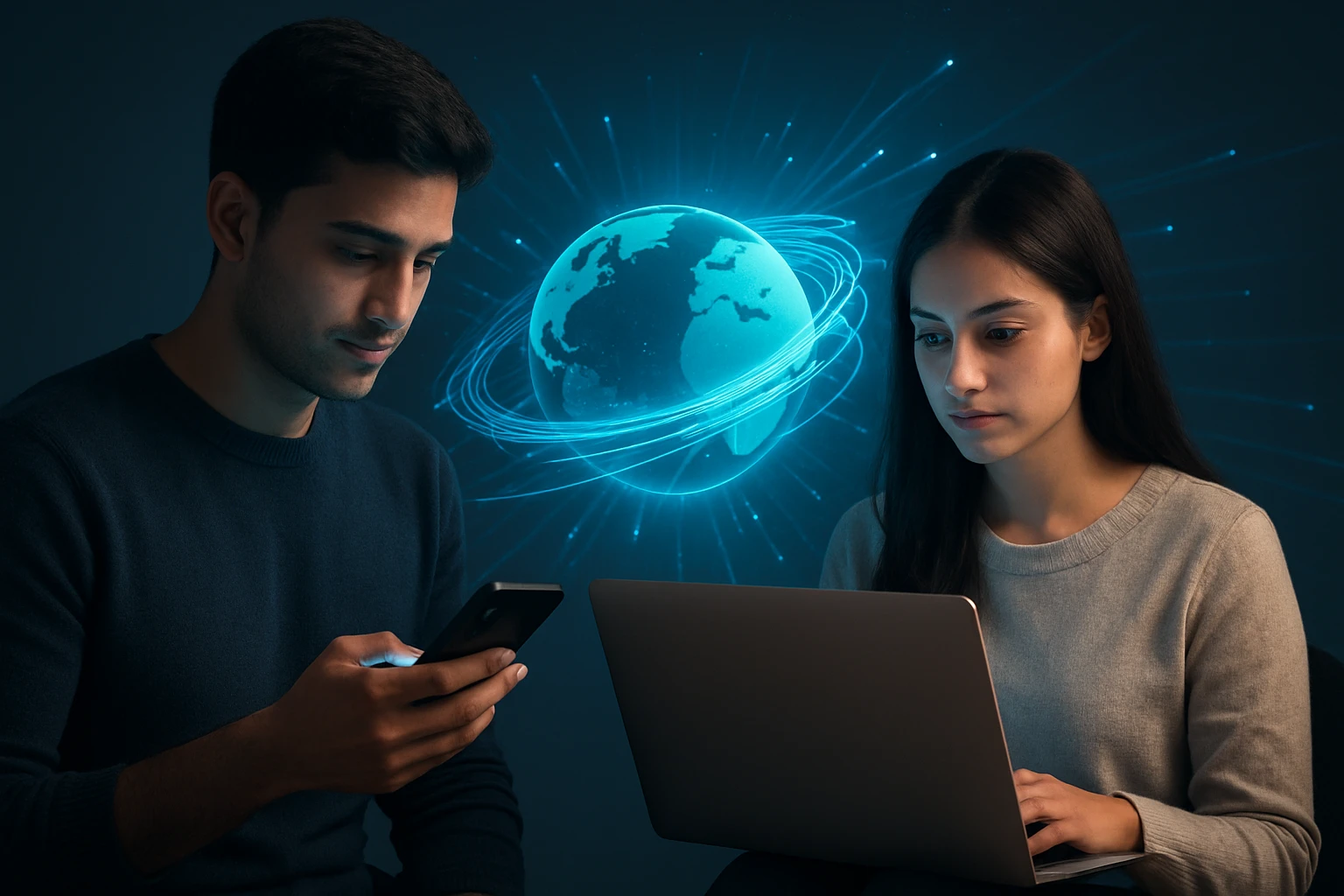 Két fiatal, egy férfi és egy nő, technológiát használva, háttérben globális hálózati ábrázolással.
