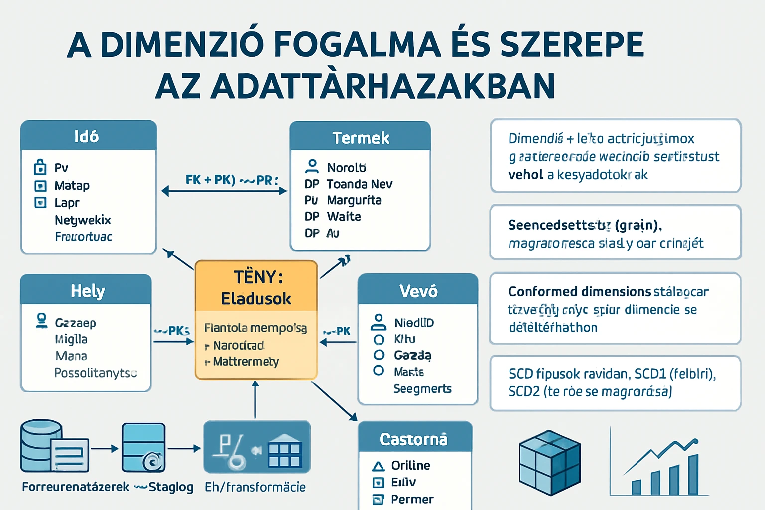 Adattárház dimenziók és tényezők vizuális ábrázolása, beleértve az időt, helyet és termékeket.