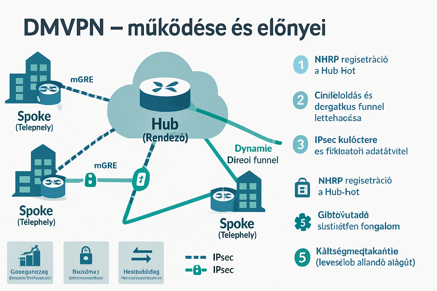 A DMVPN működését bemutató diagram, amely a hub és spoke architektúrát ábrázolja.
