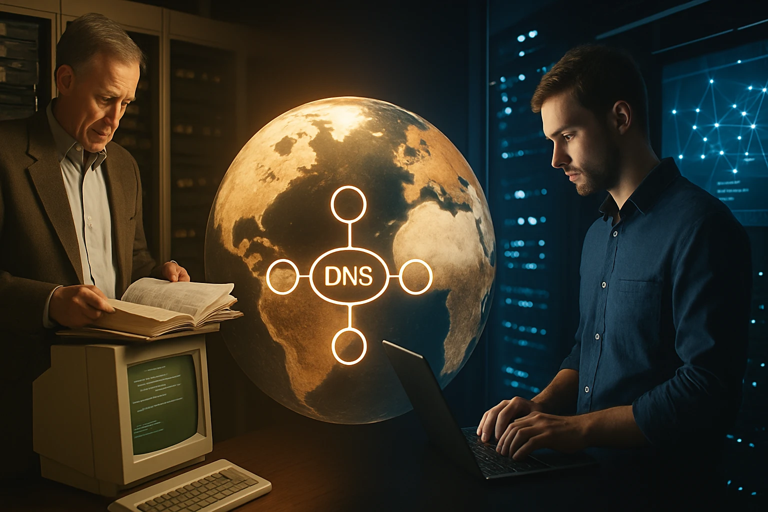 Két férfi egy számítástechnikai környezetben, DNS-rendszert tanulmányozva.