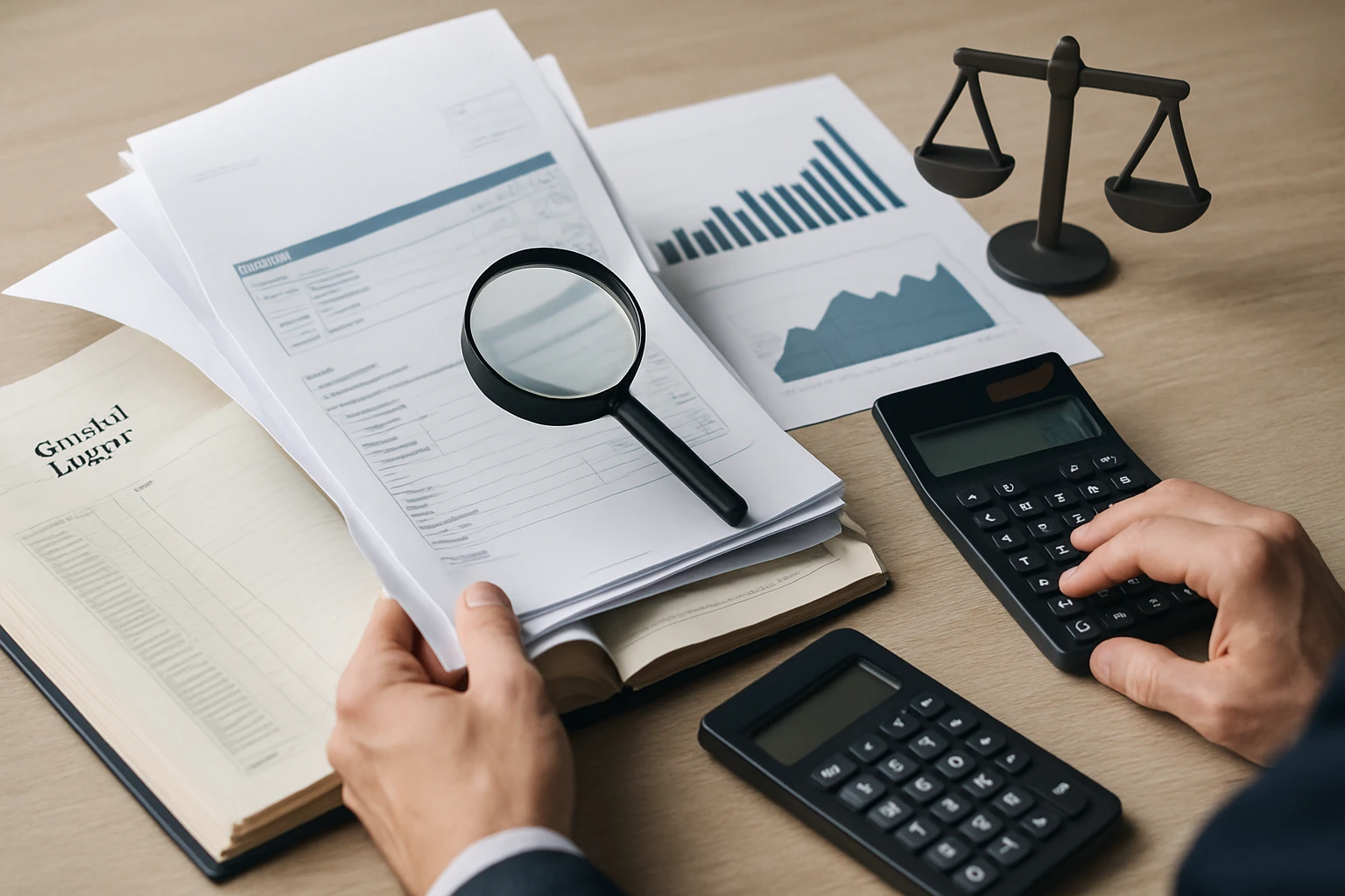 Egy férfi magnókép segítségével dokumentumokat vizsgál, számológépek és grafikonok mellett.