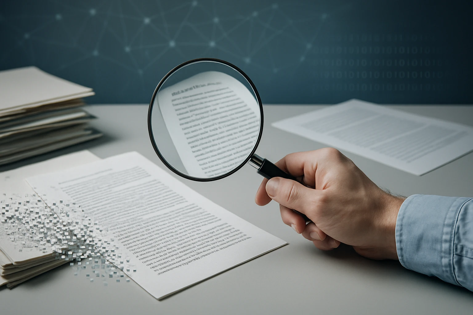 Egy kéz nagyítót tart, miközben szöveges dokumentumokat vizsgál.