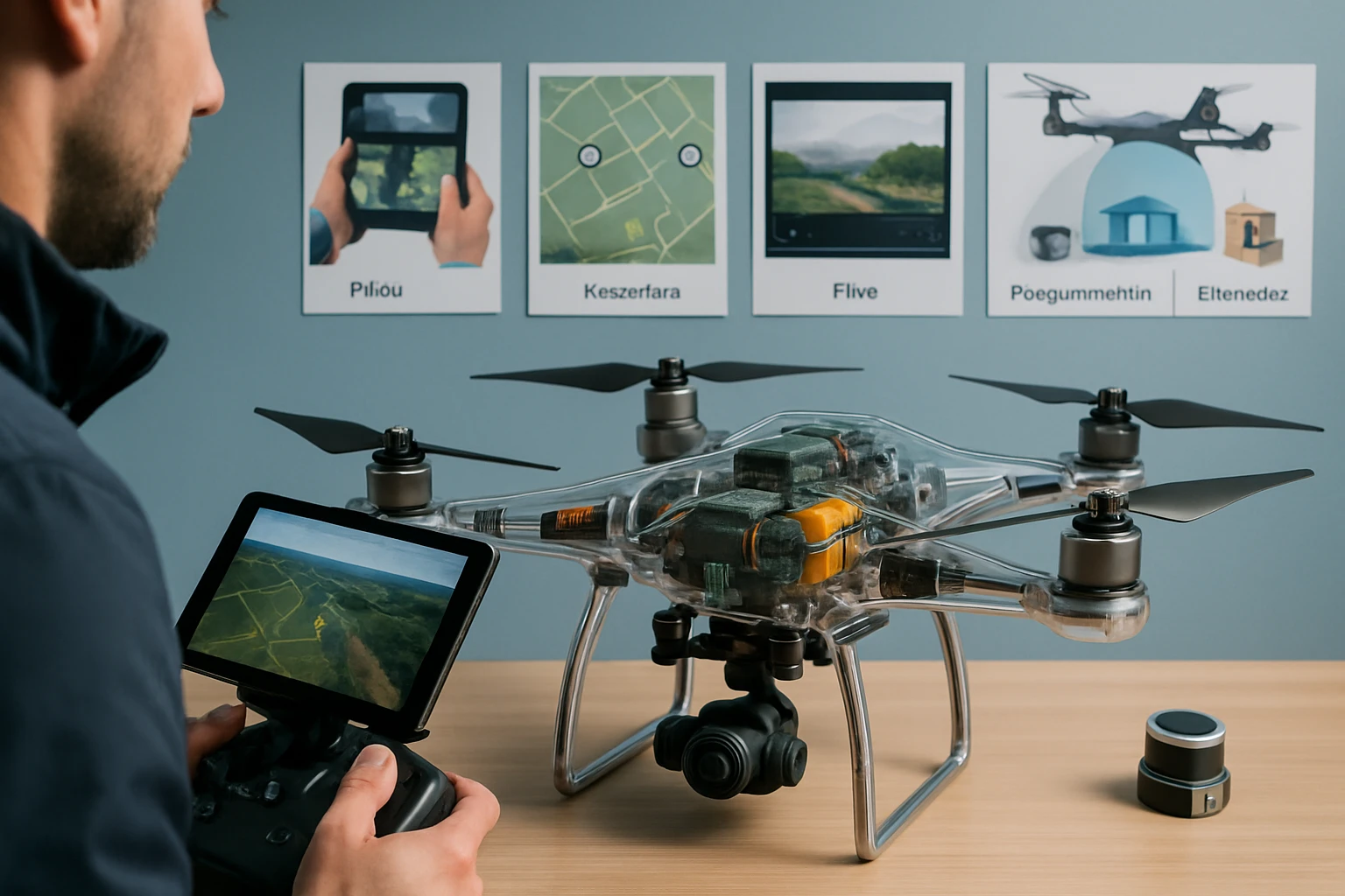 Egy férfi drónt irányít, miközben a képernyőn lévő térképet nézi.