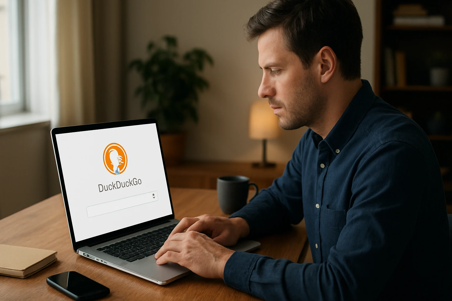 Egy férfi a DuckDuckGo keresőmotorját használja laptopján.