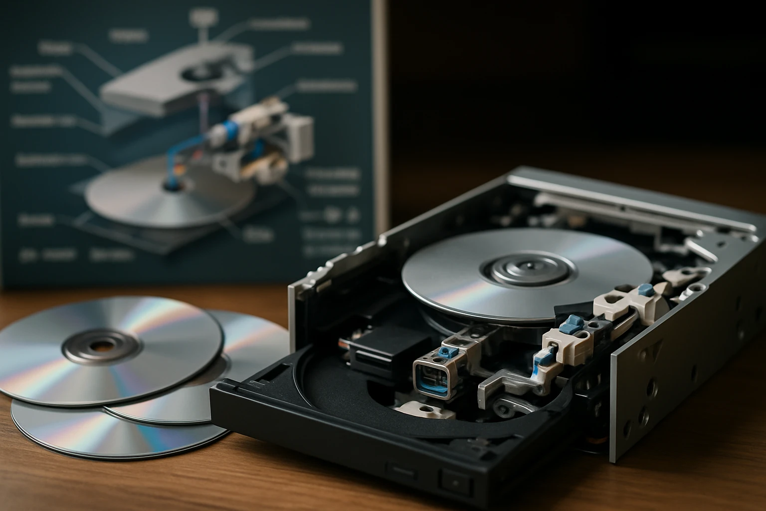 Egy nyitott DVD-meghajtó belső részei, körülötte CD-k.