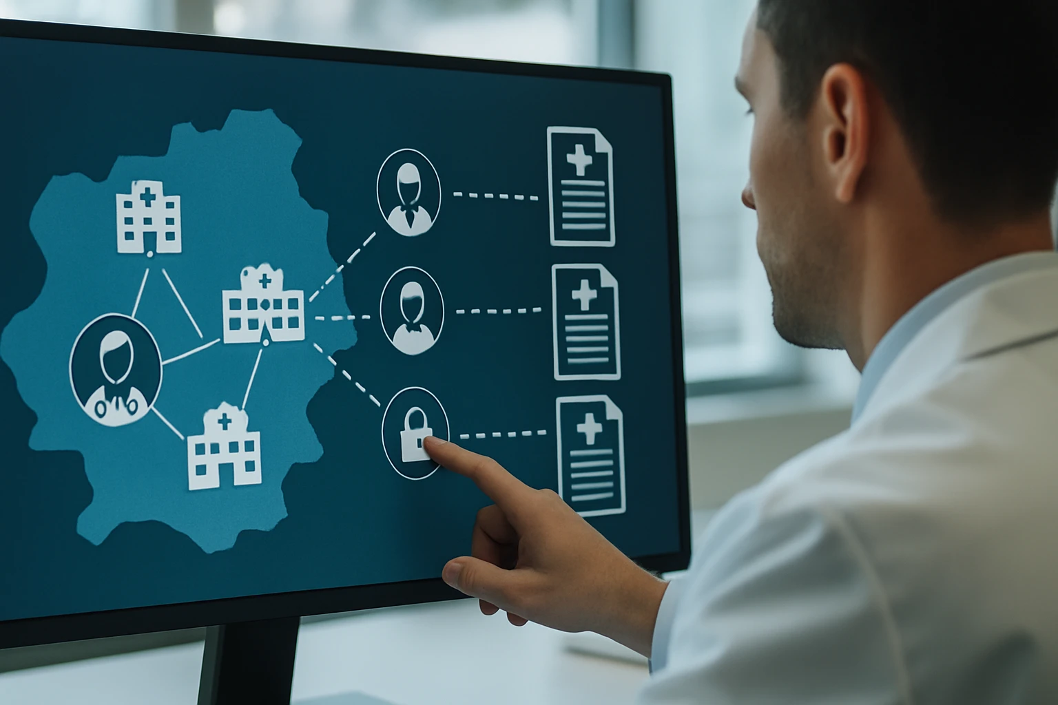 Egy orvos a számítógép képernyőjén egészségügyi adatokat elemez.