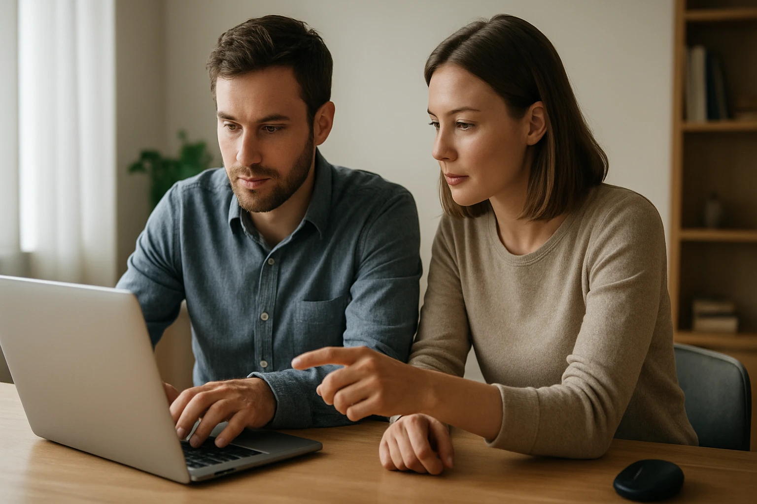 Két fiatal felnőtt laptop előtt ül, együtt dolgoznak egy projekten.