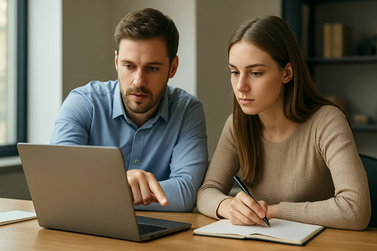 Két fiatal szakember laptop előtt ül, együtt dolgoznak egy projekten.