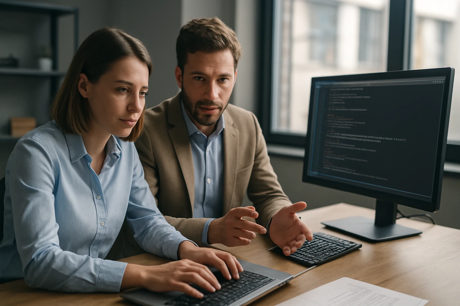 Két szakember együtt dolgozik egy laptopon, programozási kódot nézve.
