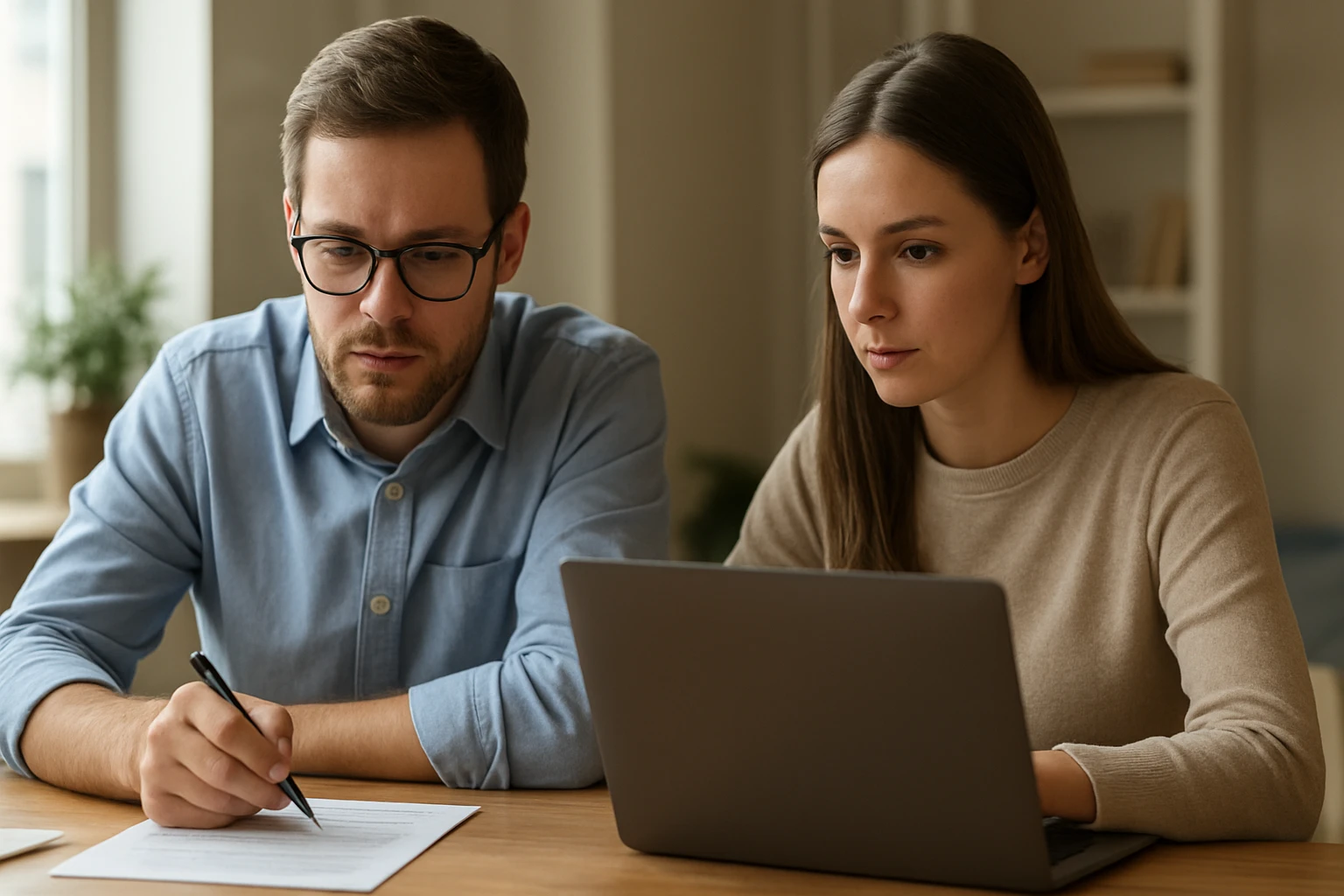 Két fiatal felnőtt dolgozik együtt egy laptop előtt, jegyzetelnek.