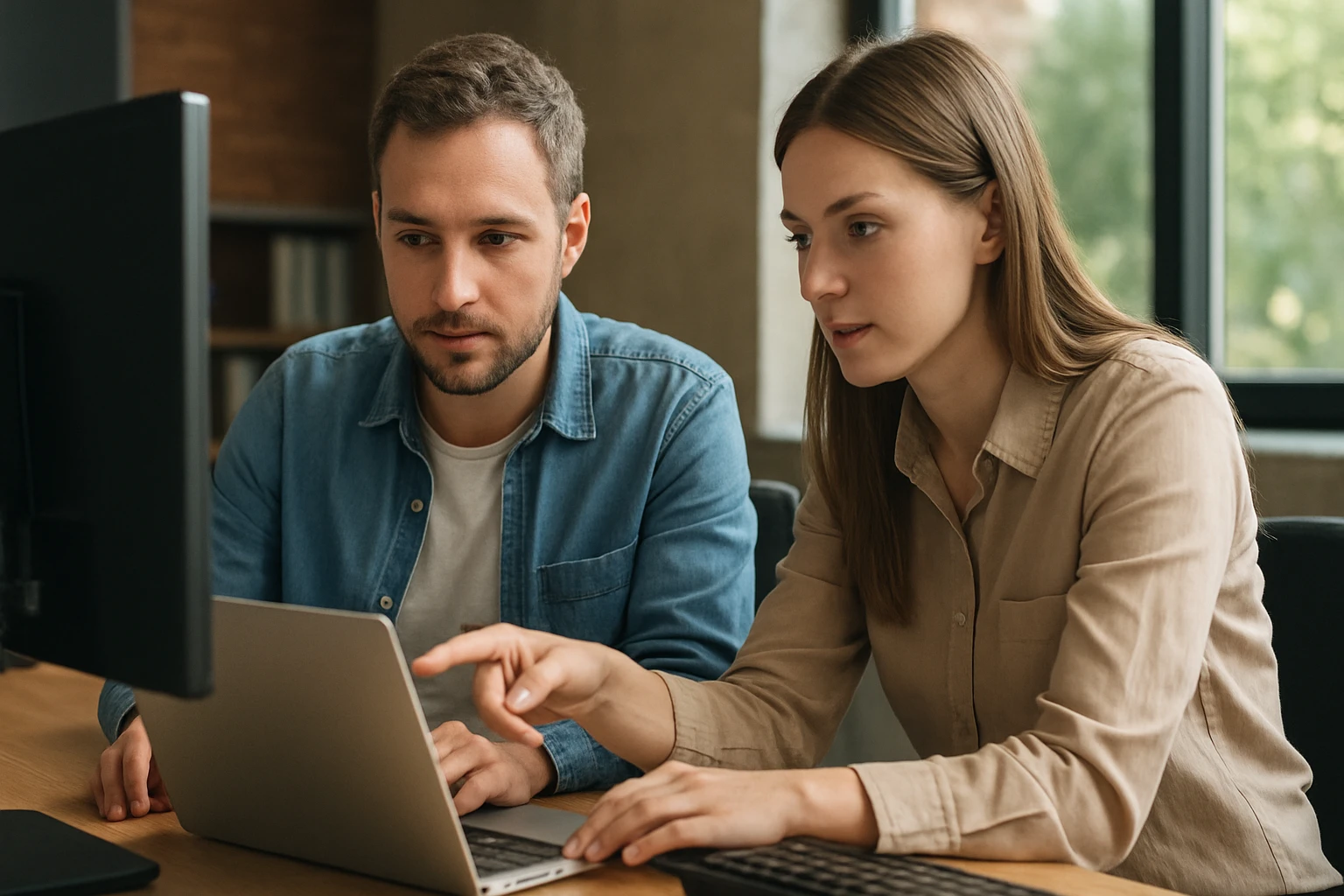Két fiatal szakember együtt dolgozik egy laptopon, figyelmesen nézik a képernyőt.