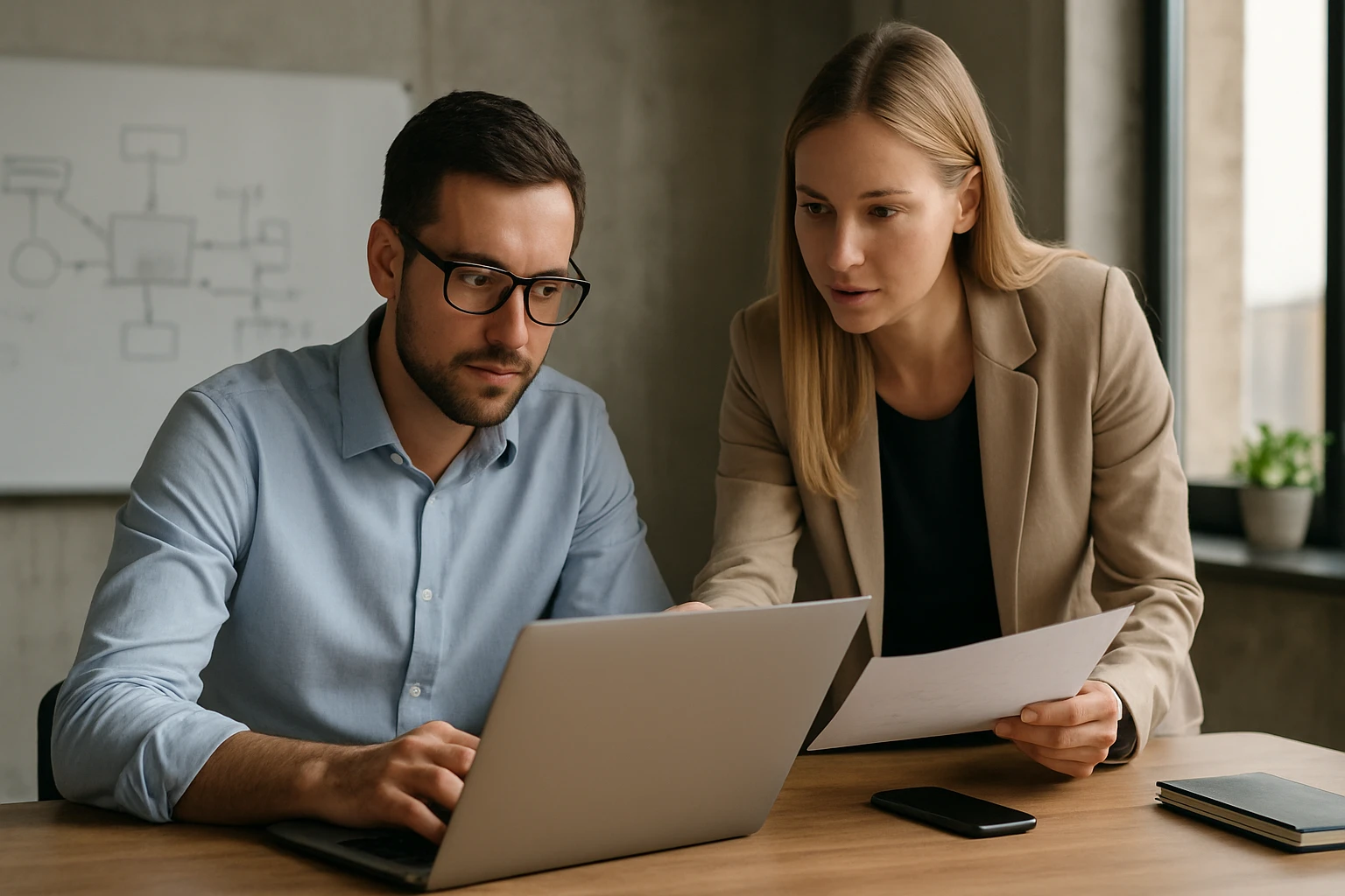 Két fiatal szakember együtt dolgozik egy laptop előtt, papírokat nézve.