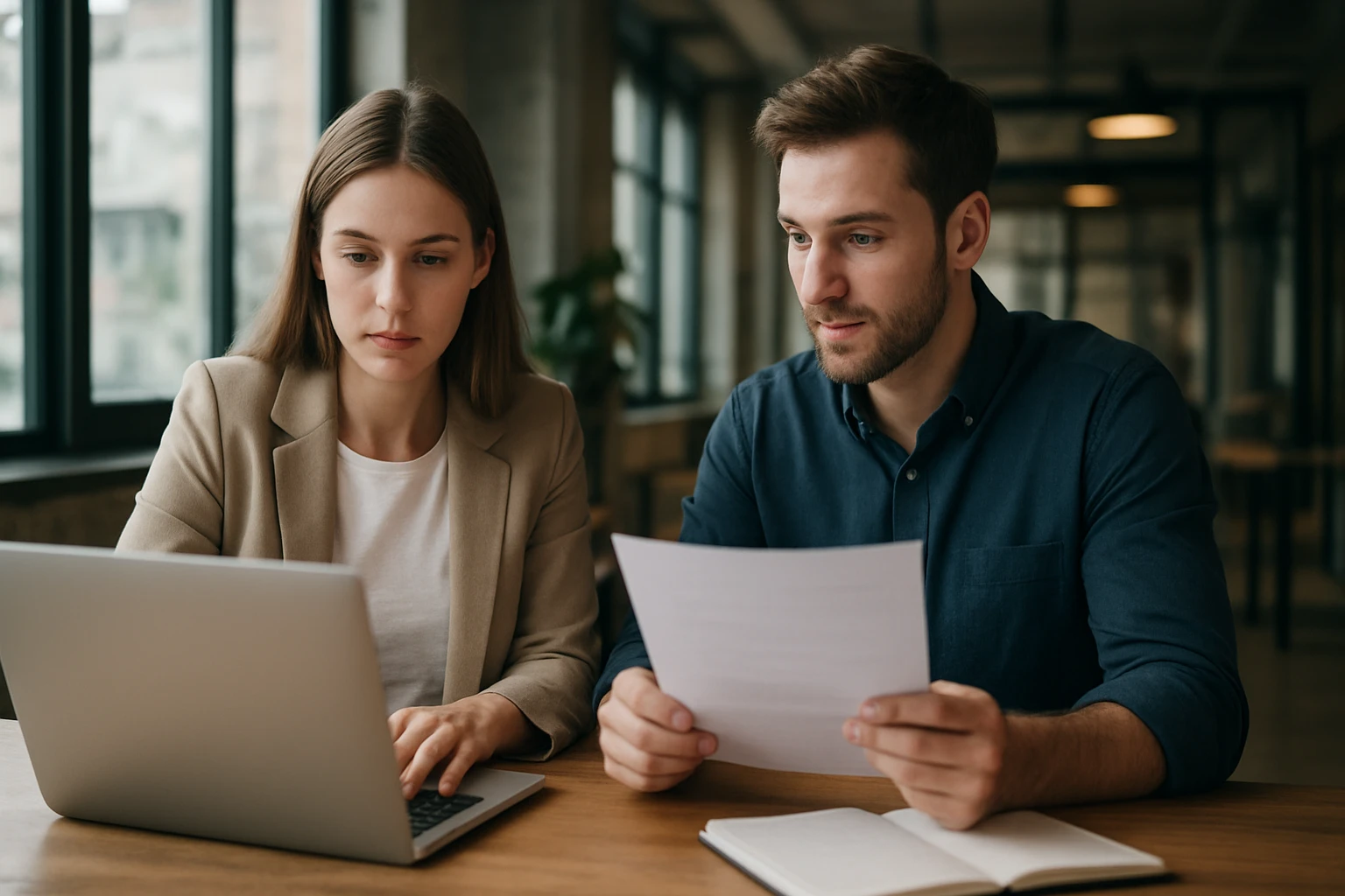 Két fiatal szakember dolgozik együtt egy laptop előtt, figyelmesen nézik az anyagot.
