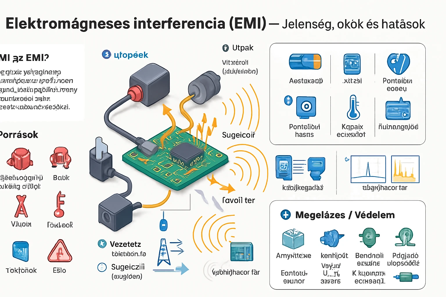 Az elektromágneses interferencia (EMI) jelensége és hatásai, ábrázolt áramkörrel.