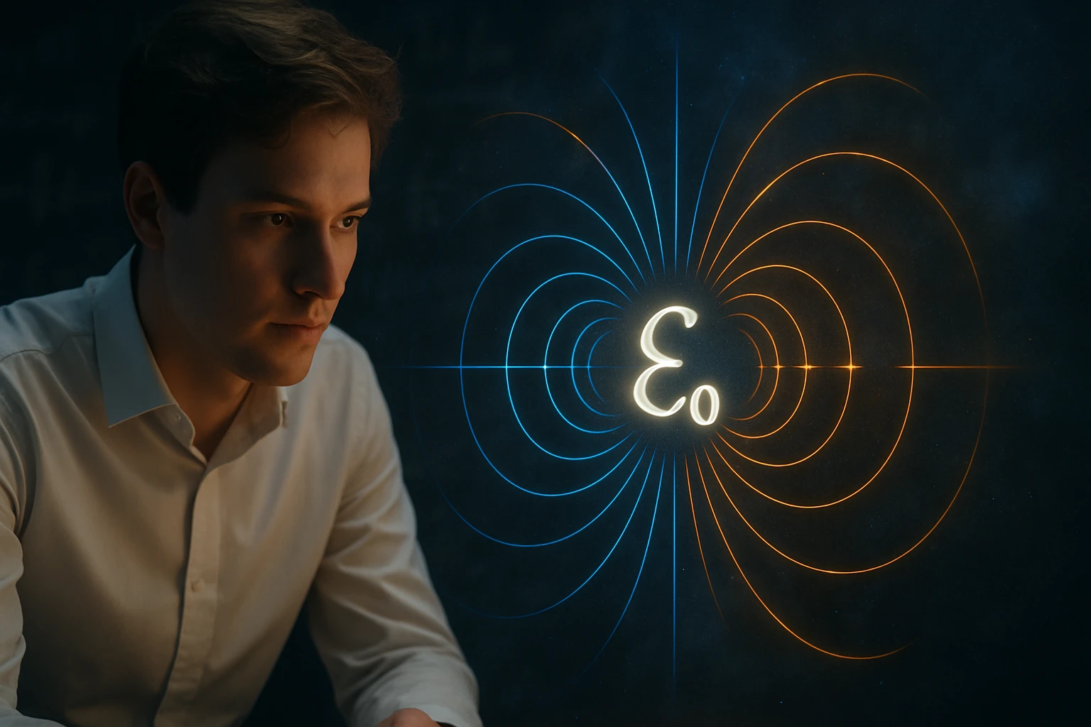 Egy fiatal férfi figyelmesen néz egy elektromágneses mezőt ábrázoló grafikára.