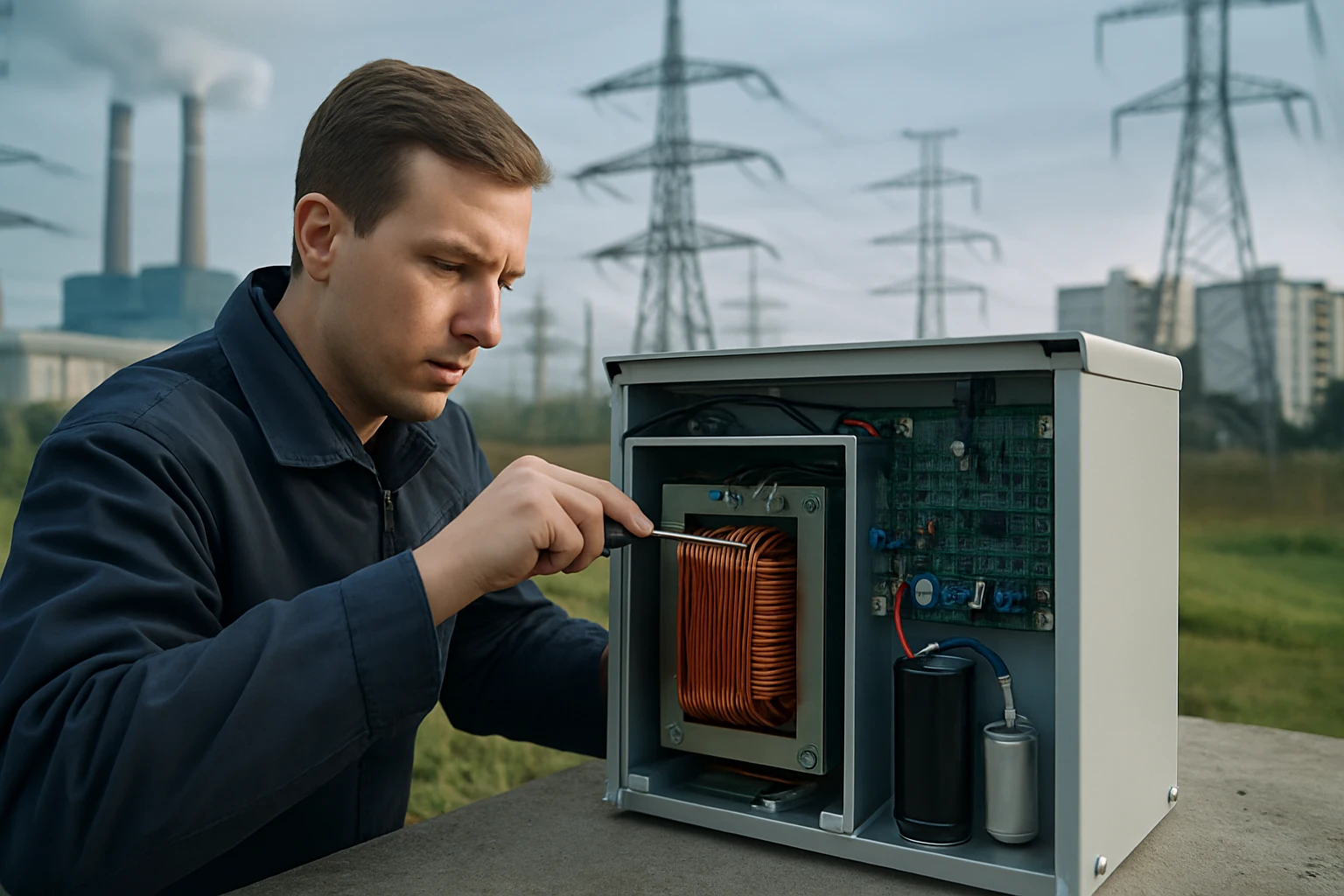 Egy technikus éppen egy elektromos berendezést javít, fókuszálva a belső alkatrészekre.